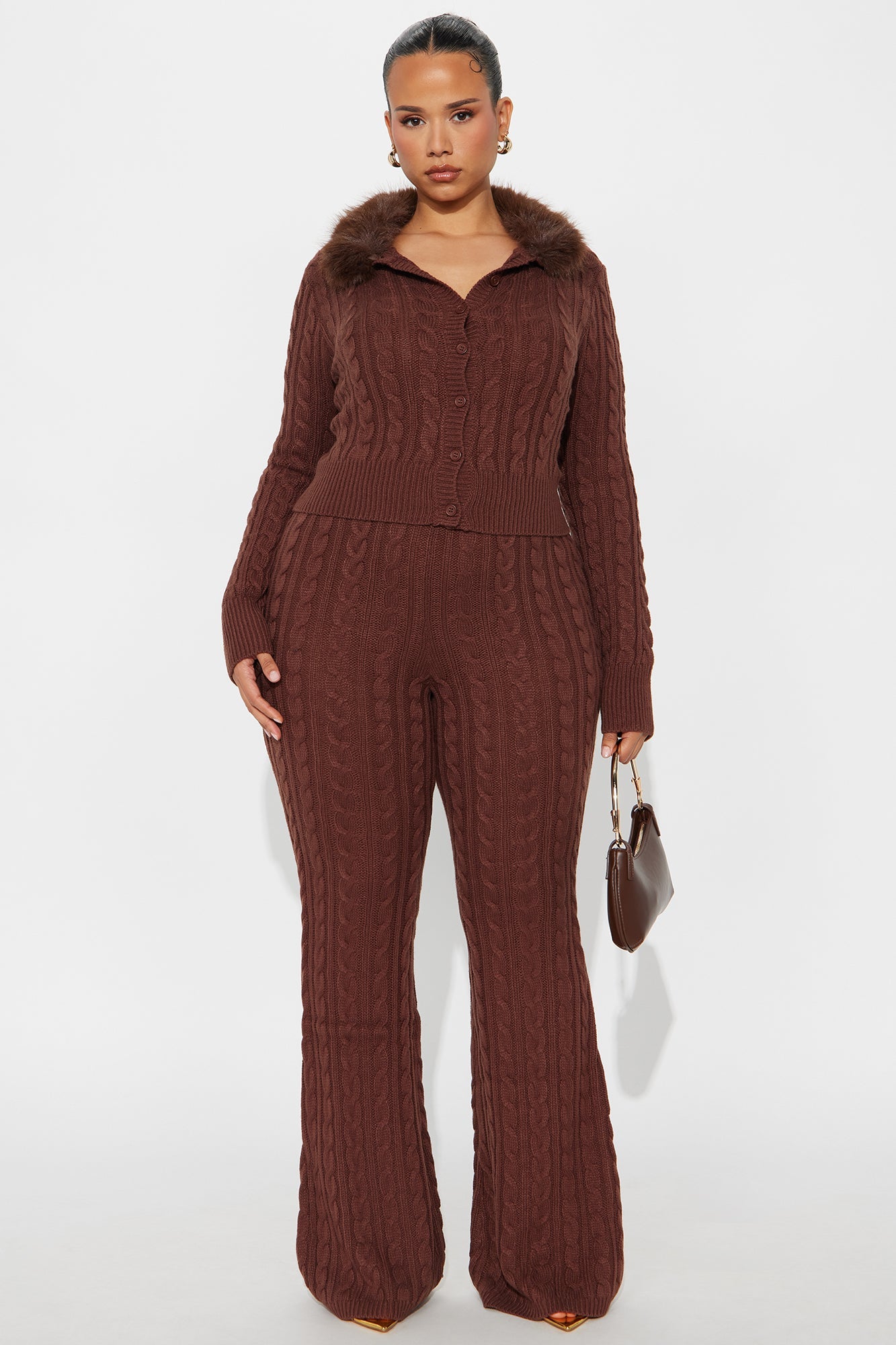 Focus On Us Faux Fur Collar Sweater Pant Set - Chocolate 