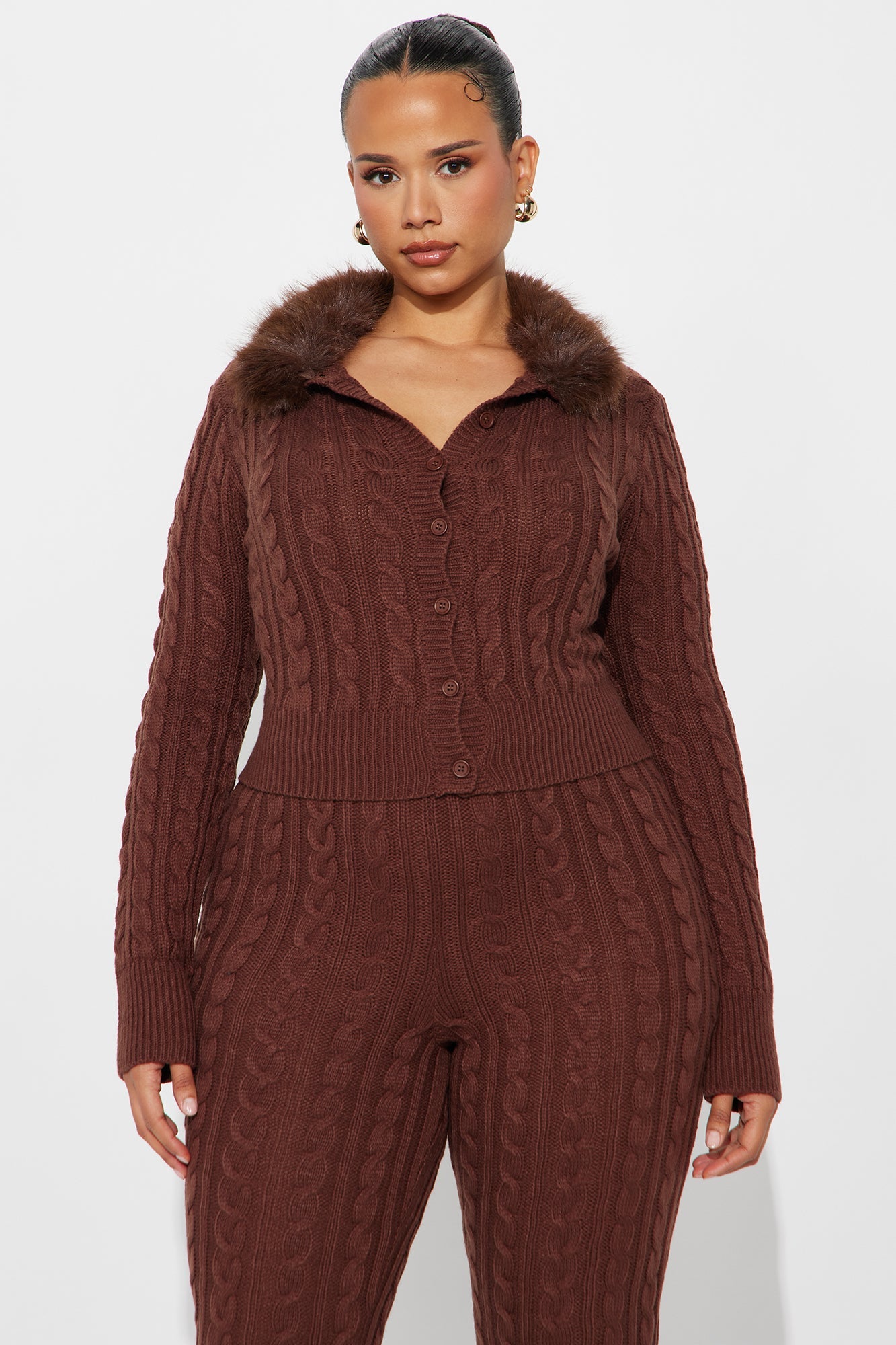 Focus On Us Faux Fur Collar Sweater Pant Set - Chocolate 