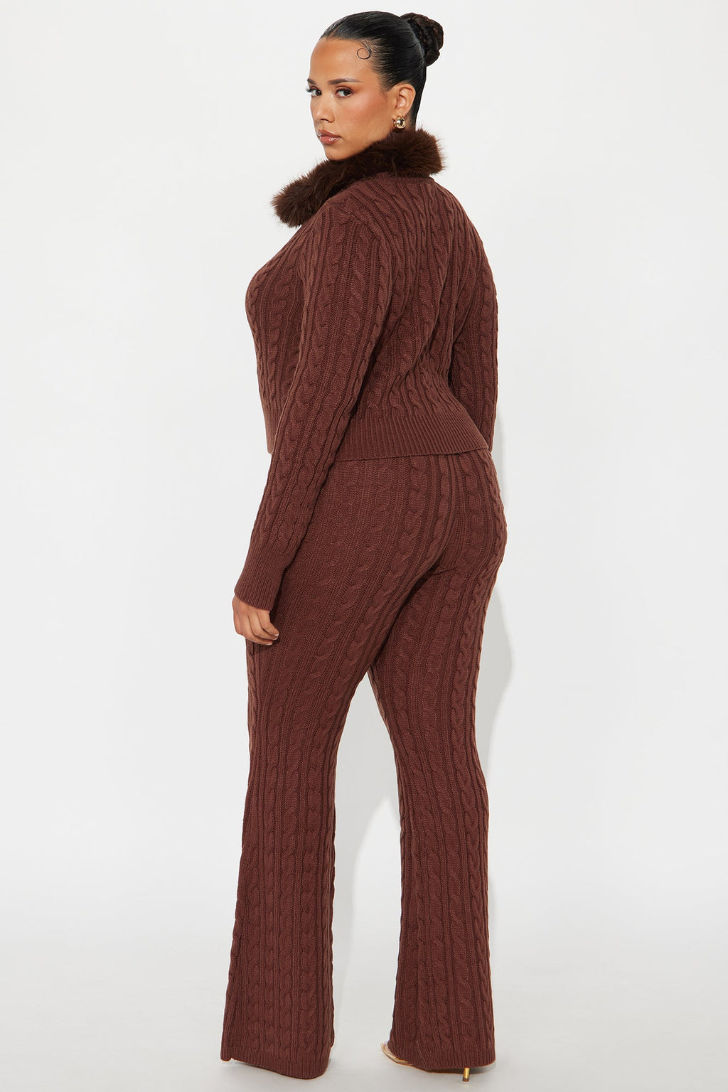 Focus On Us Faux Fur Collar Sweater Pant Set - Chocolate 