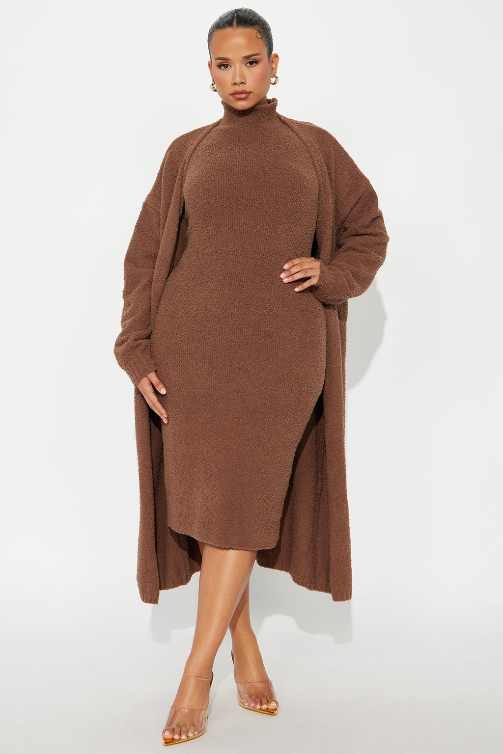 Teddy Soft Sweater Midi Dress Set - Brown