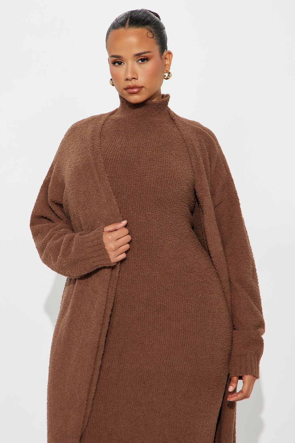 Teddy Soft Sweater Midi Dress Set - Brown