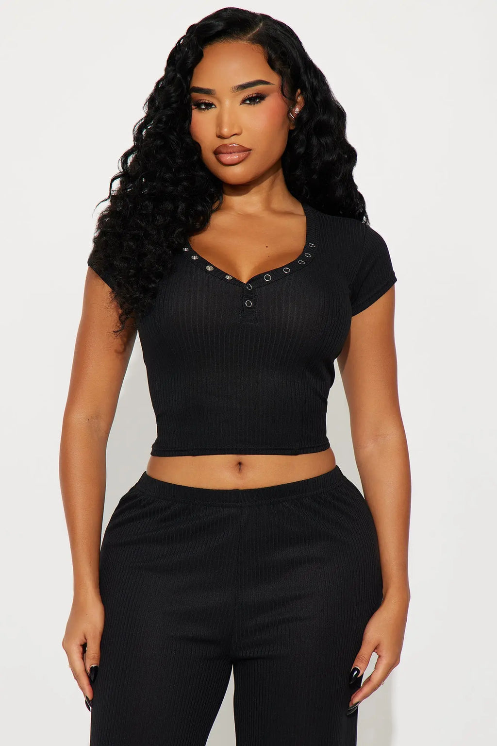 Dreaming Of You Ribbed Henley PJ Pant Set - Black 