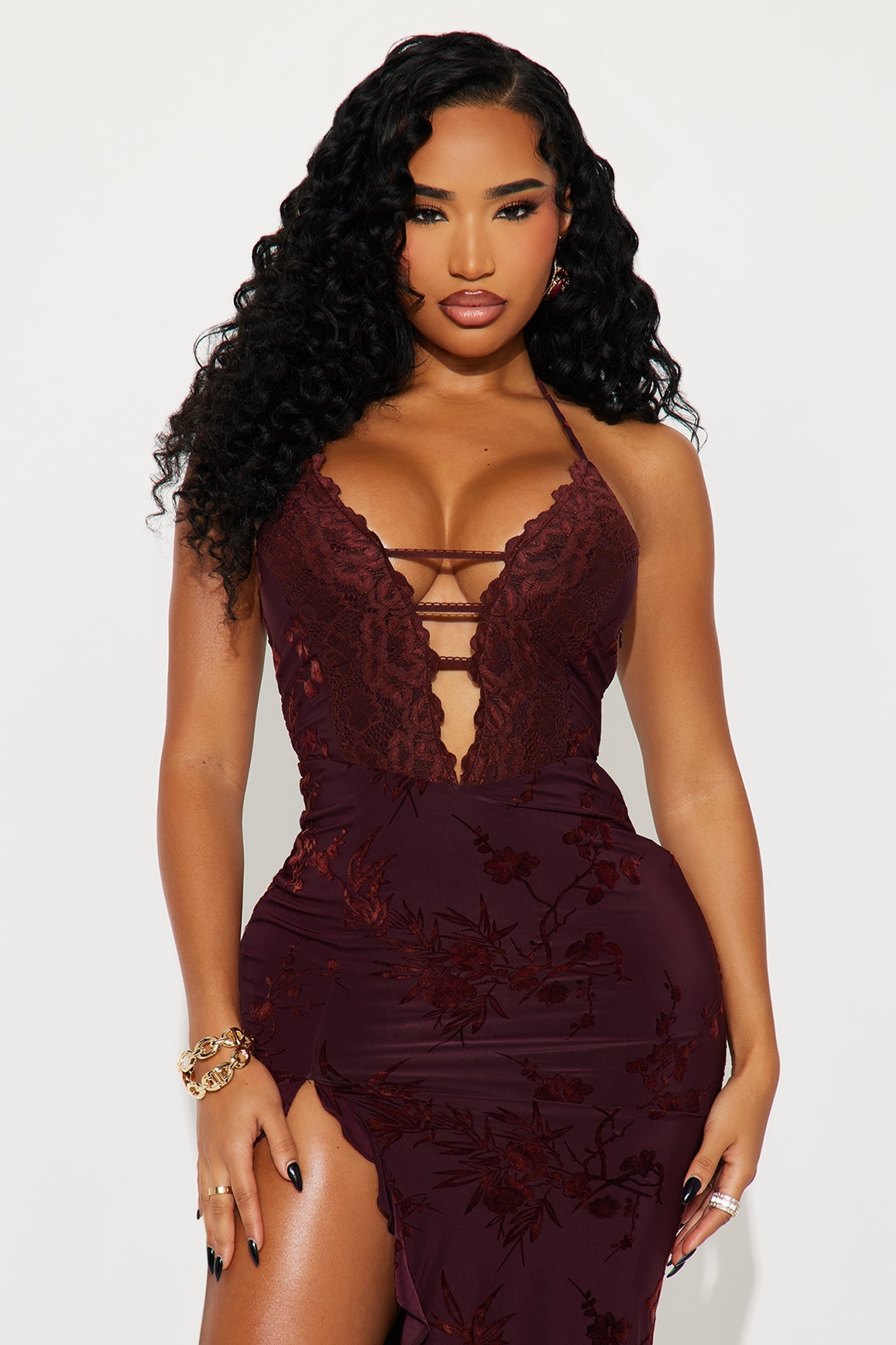 Kyla Flocked Mesh Midi Dress - Burgundy