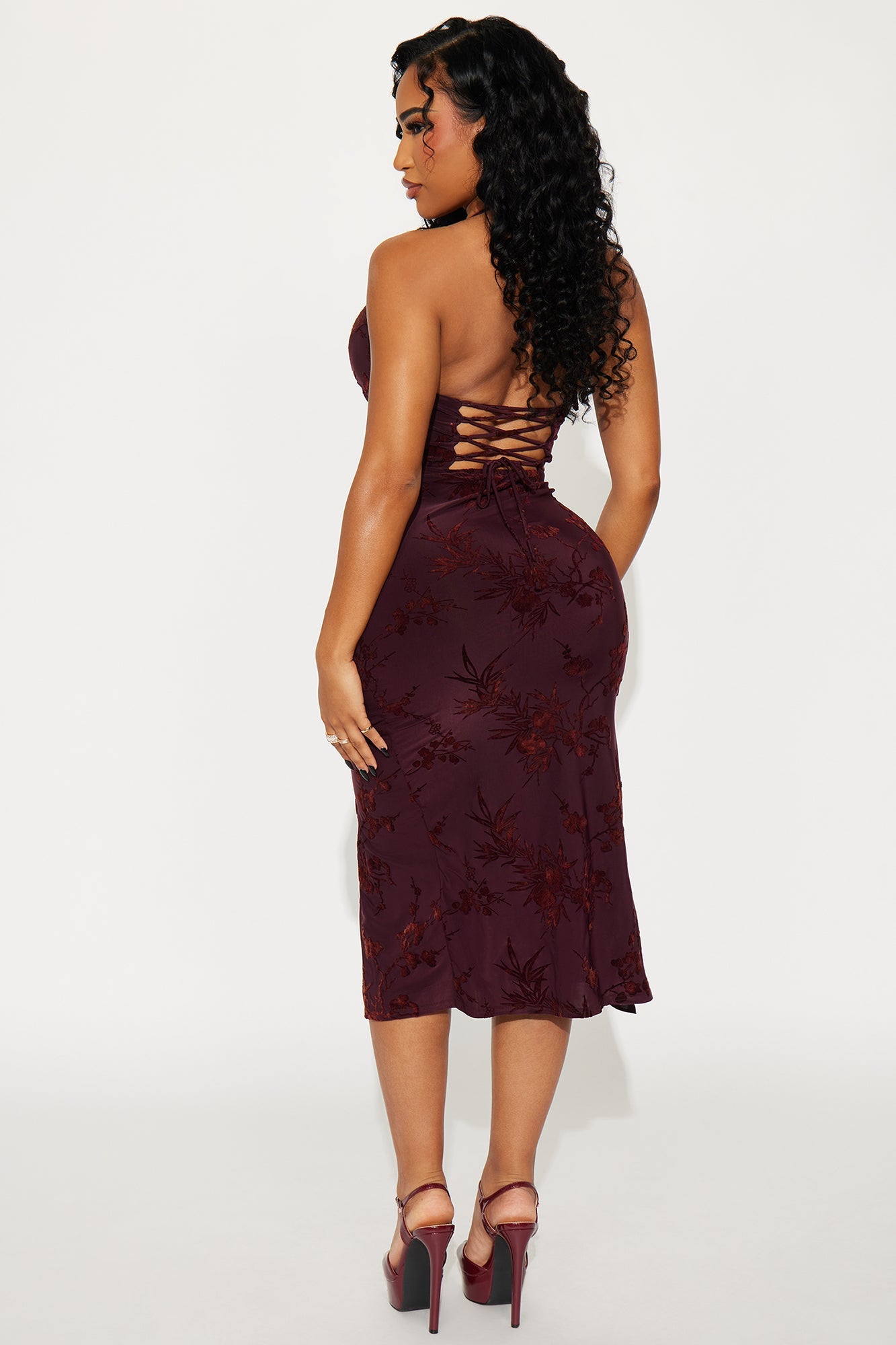 Kyla Flocked Mesh Midi Dress - Burgundy