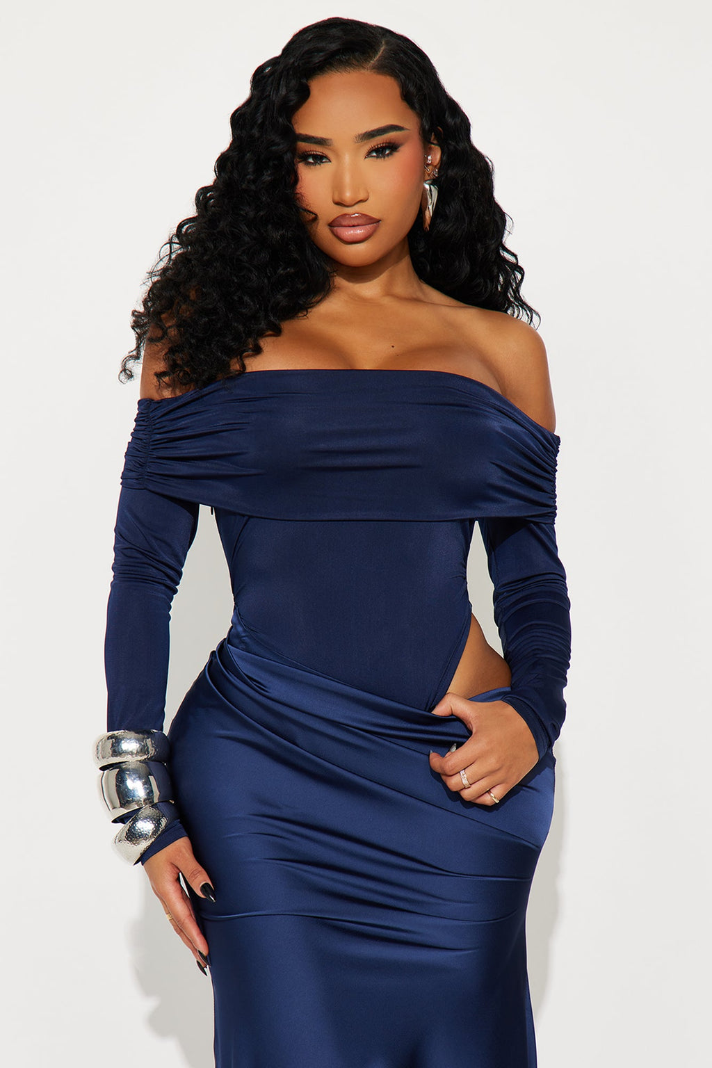 Flirt In Theory Satin Maxi Dress - Navy