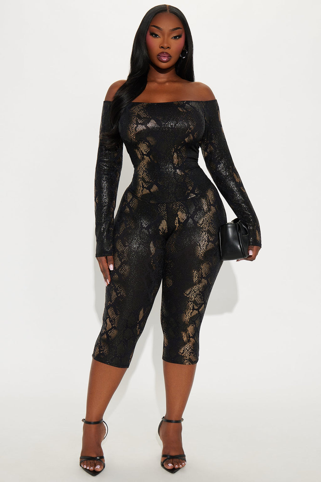 Malia Metallic Snake Cropped Pant Set - Black
