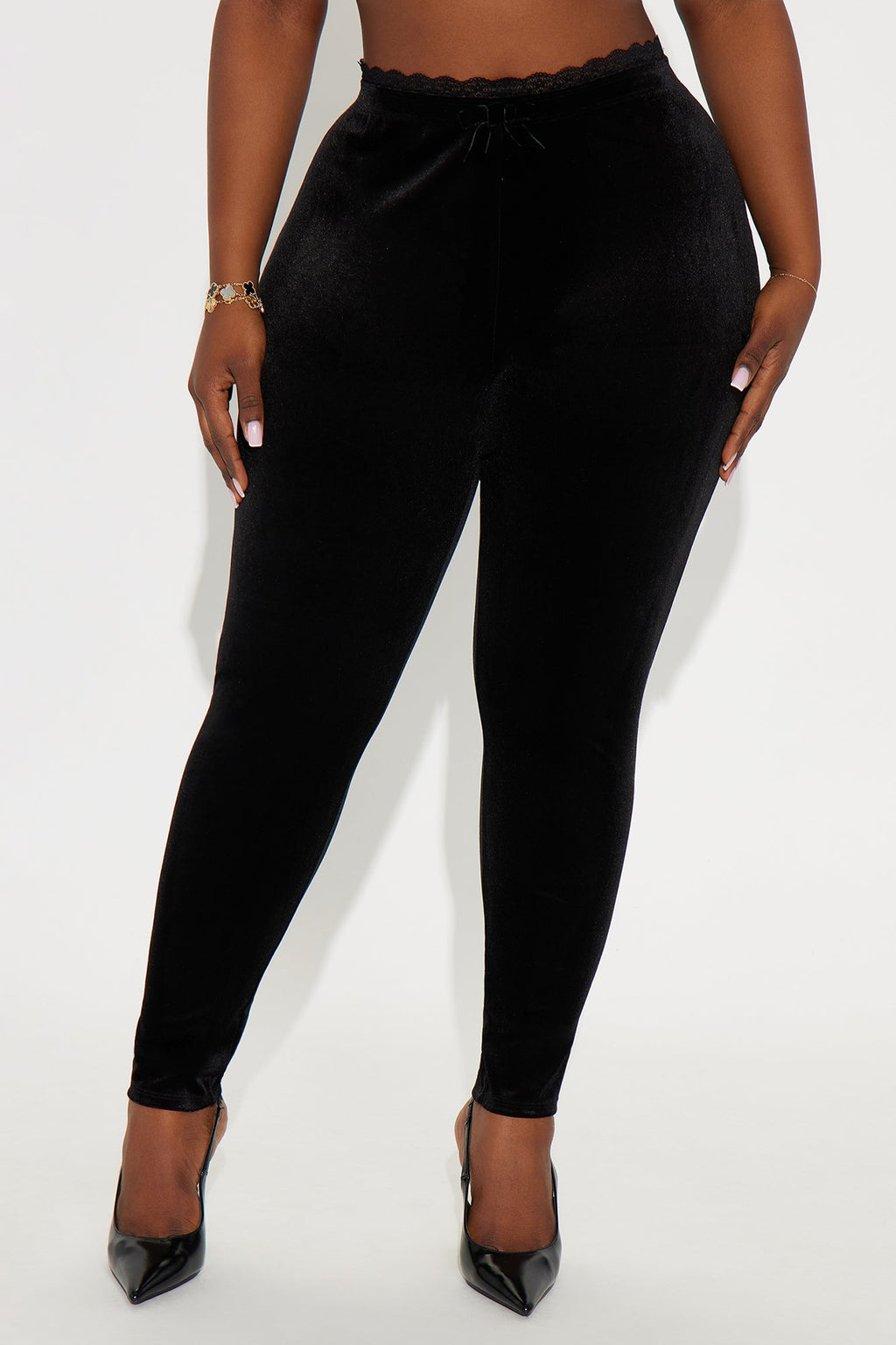 Valentina Solid Lace Trim Velvet Legging - Black