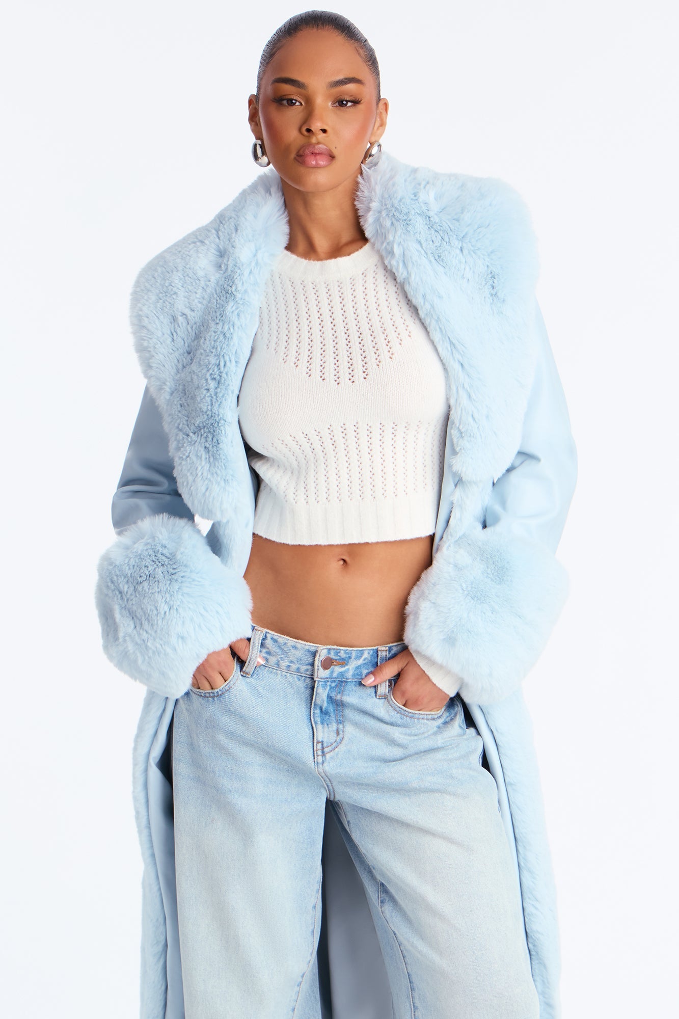 Karina Faux Fur Trench Coat - Light Blue
