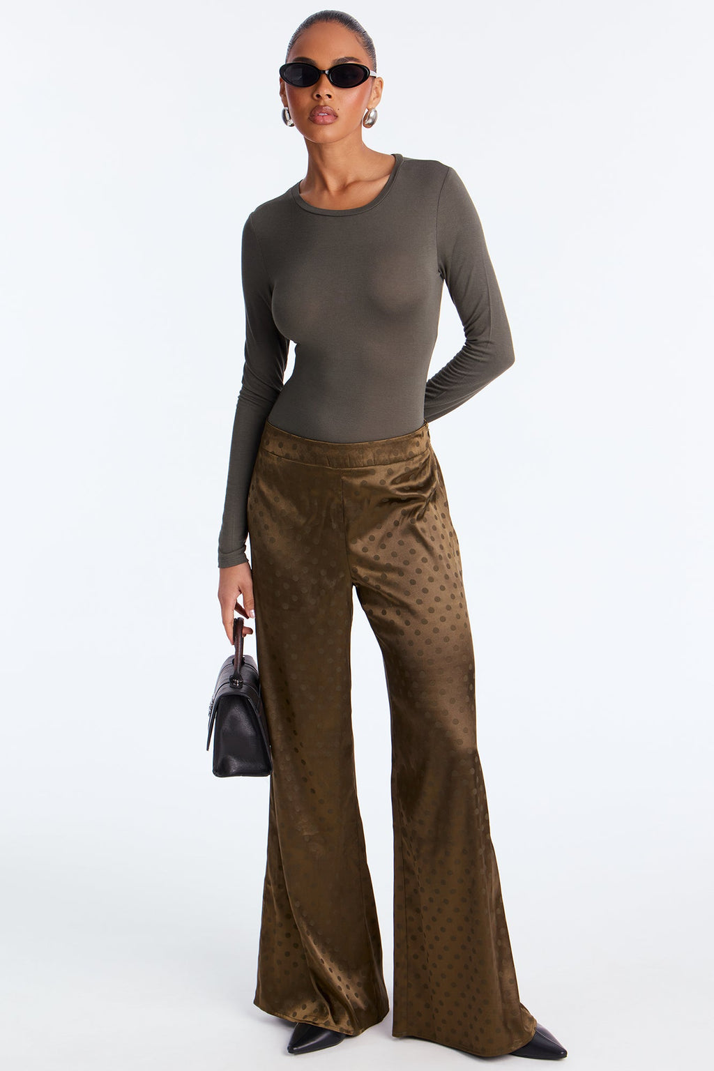Amal Polka Dot Wide Leg Satin Pant 32″ - Olive