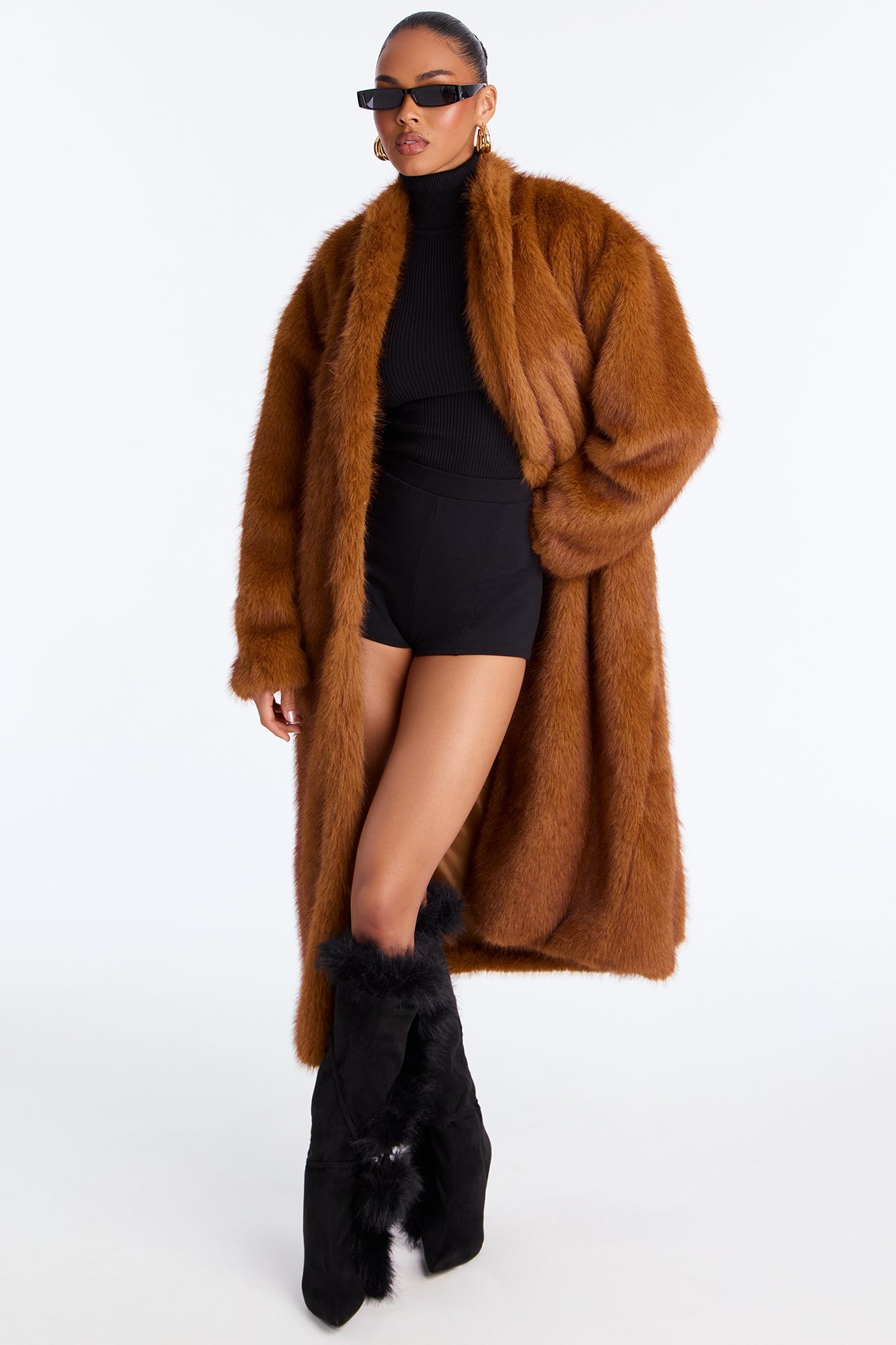 Helena Faux Fur Belted Coat - Cognac