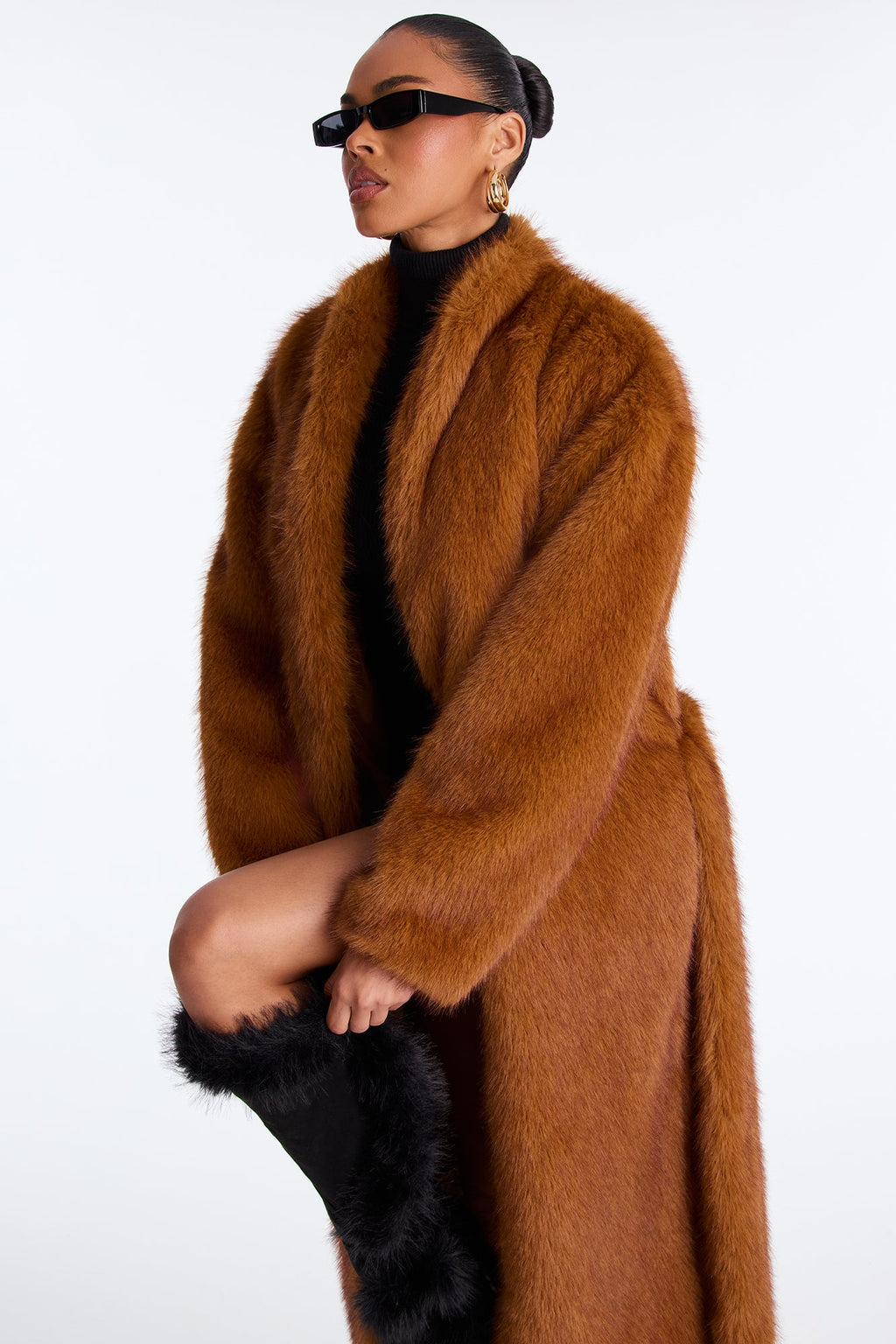 Helena Faux Fur Belted Coat - Cognac