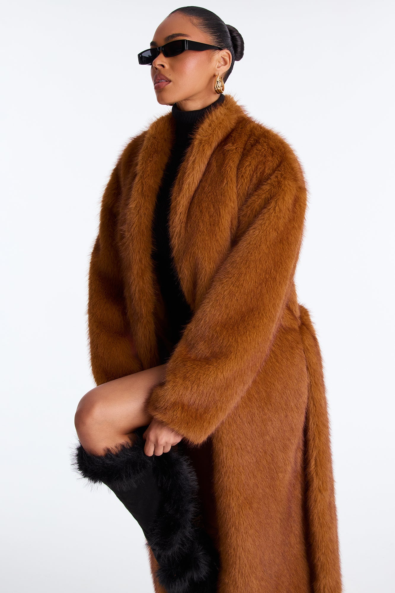 Helena Faux Fur Belted Coat - Cognac