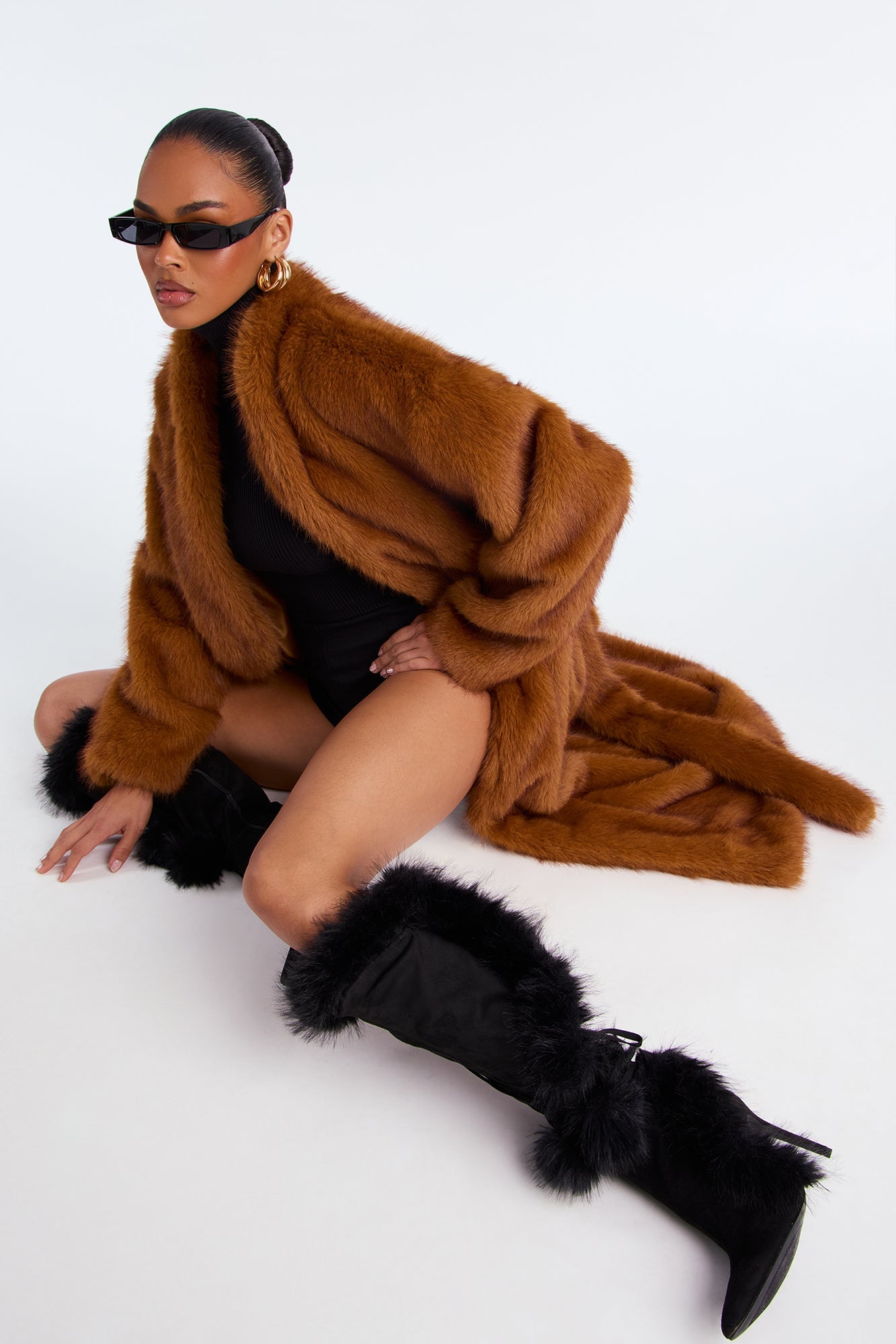 Helena Faux Fur Belted Coat - Cognac