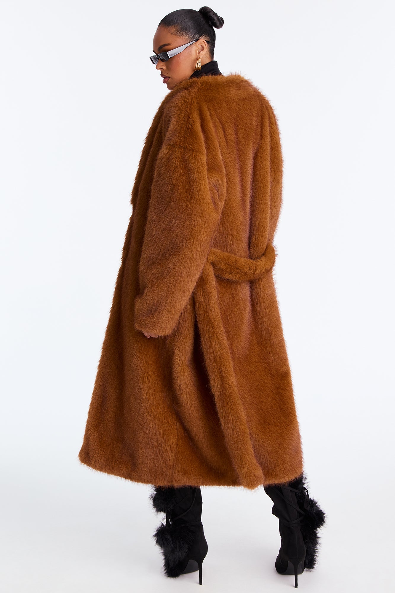 Helena Faux Fur Belted Coat - Cognac