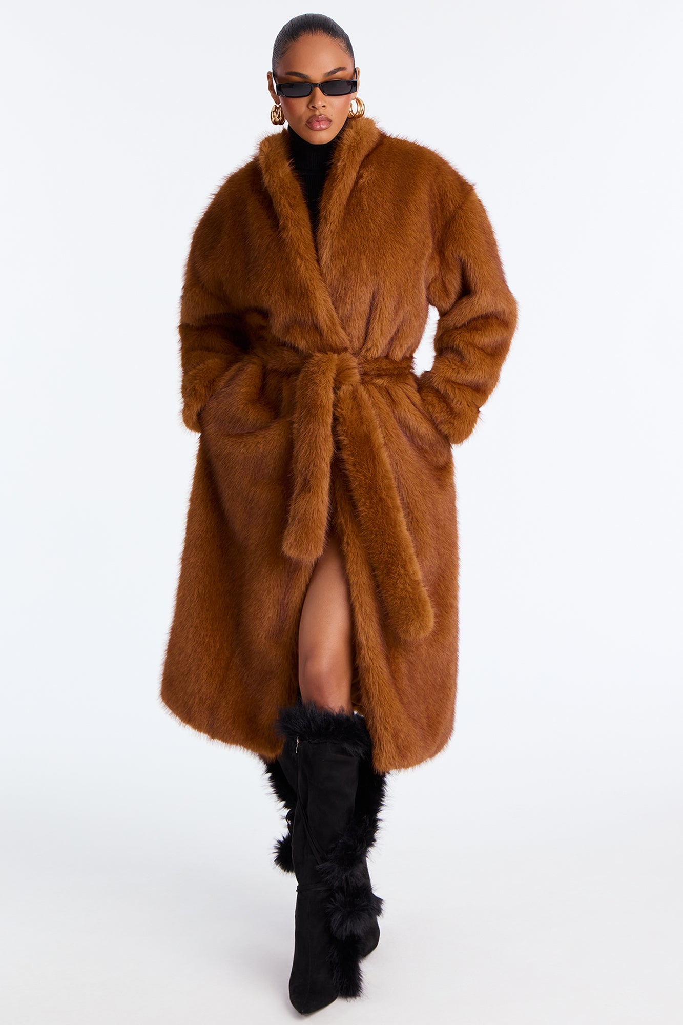 Helena Faux Fur Belted Coat - Cognac