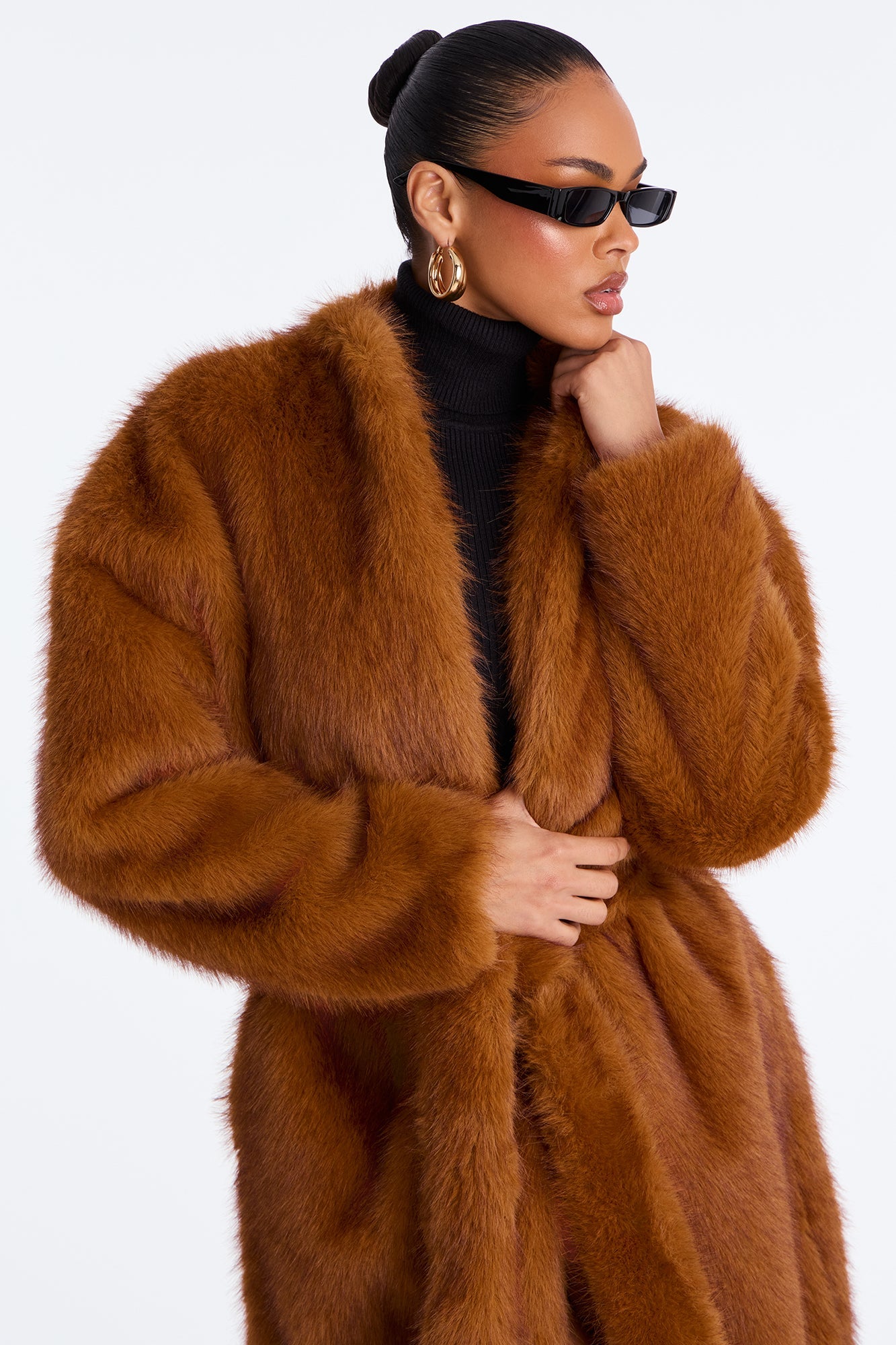 Helena Faux Fur Belted Coat - Cognac