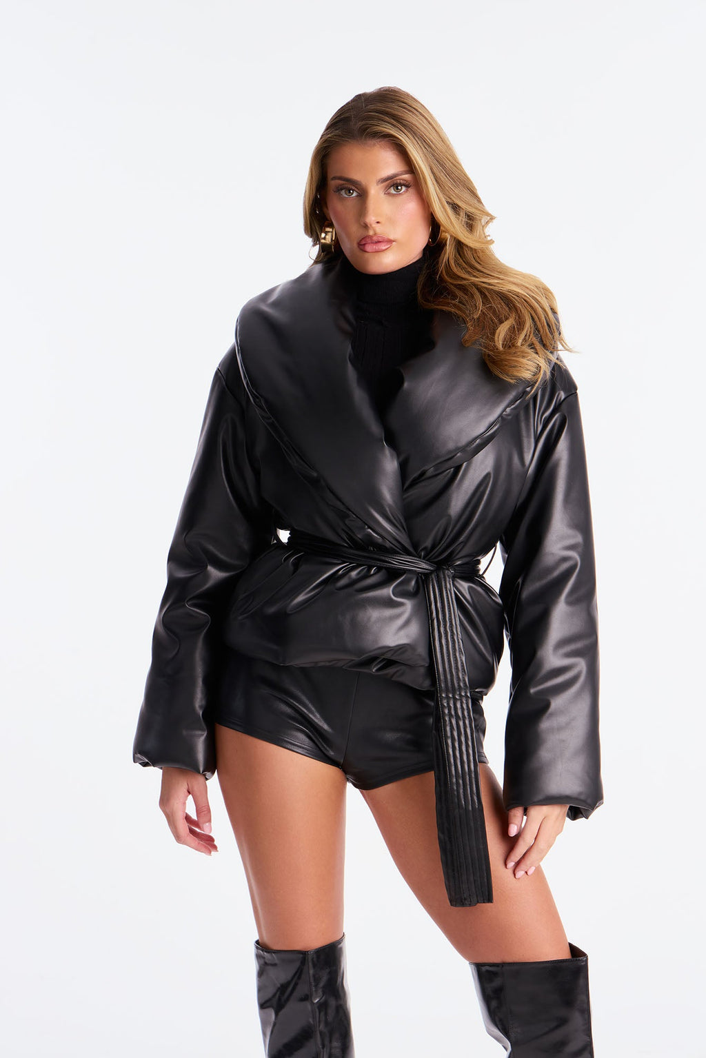 Kisha Faux Leather Puffer Jacket - Black