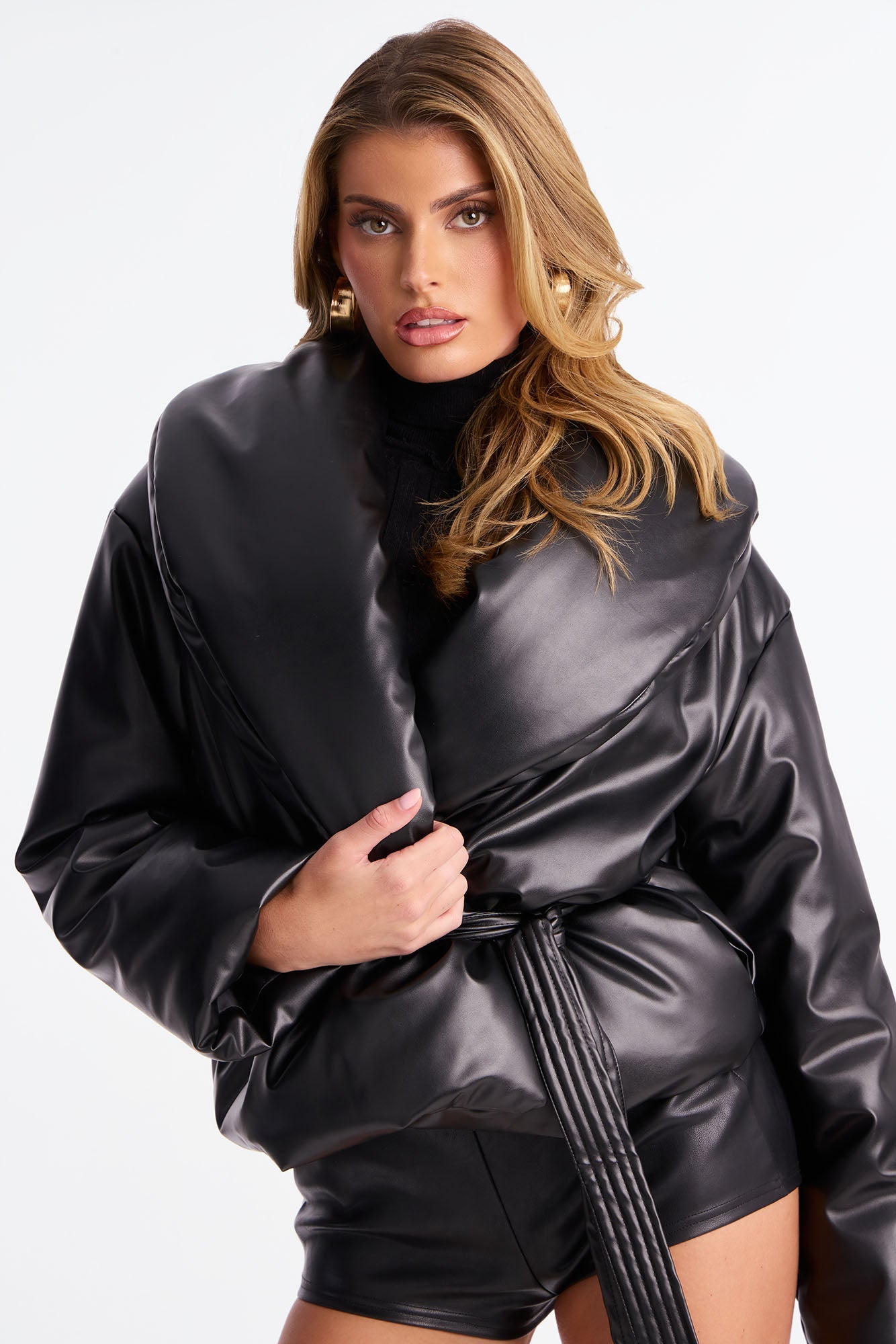 Kisha Faux Leather Puffer Jacket - Black