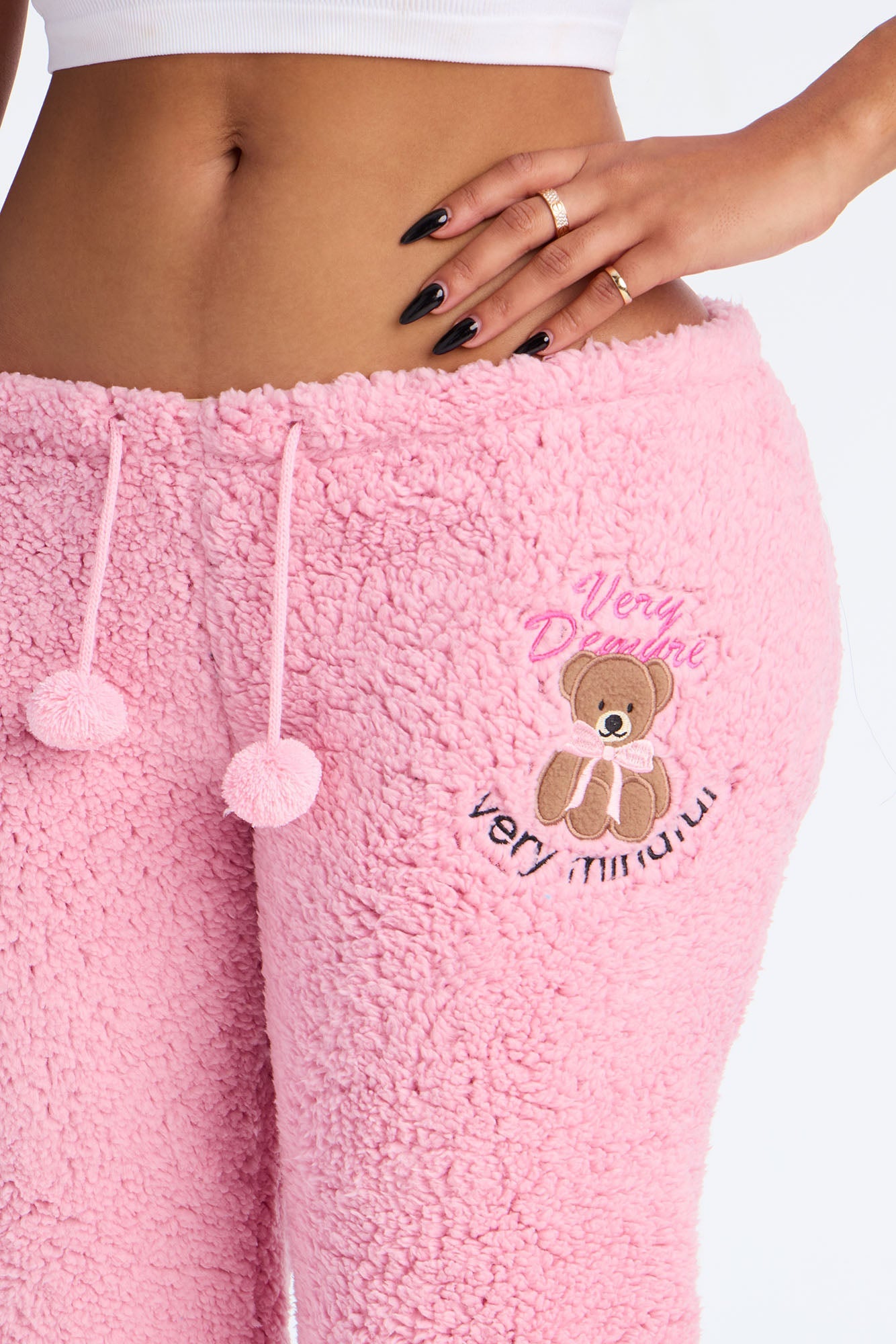 Very Demure Embroidered Sherpa PJ Pants - Light Pink
