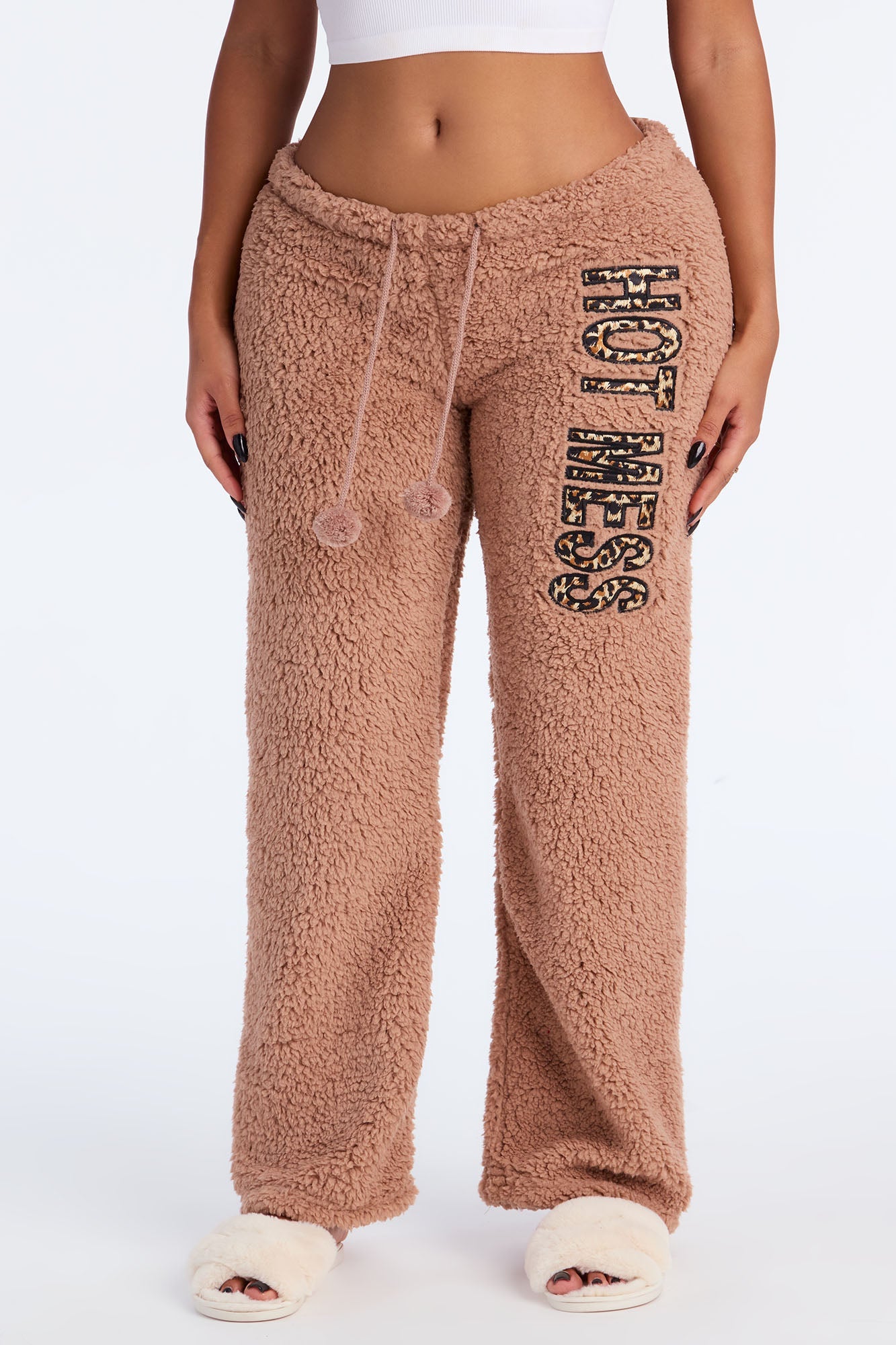 Hot Mess Embroidered Sherpa PJ Pants - Tan