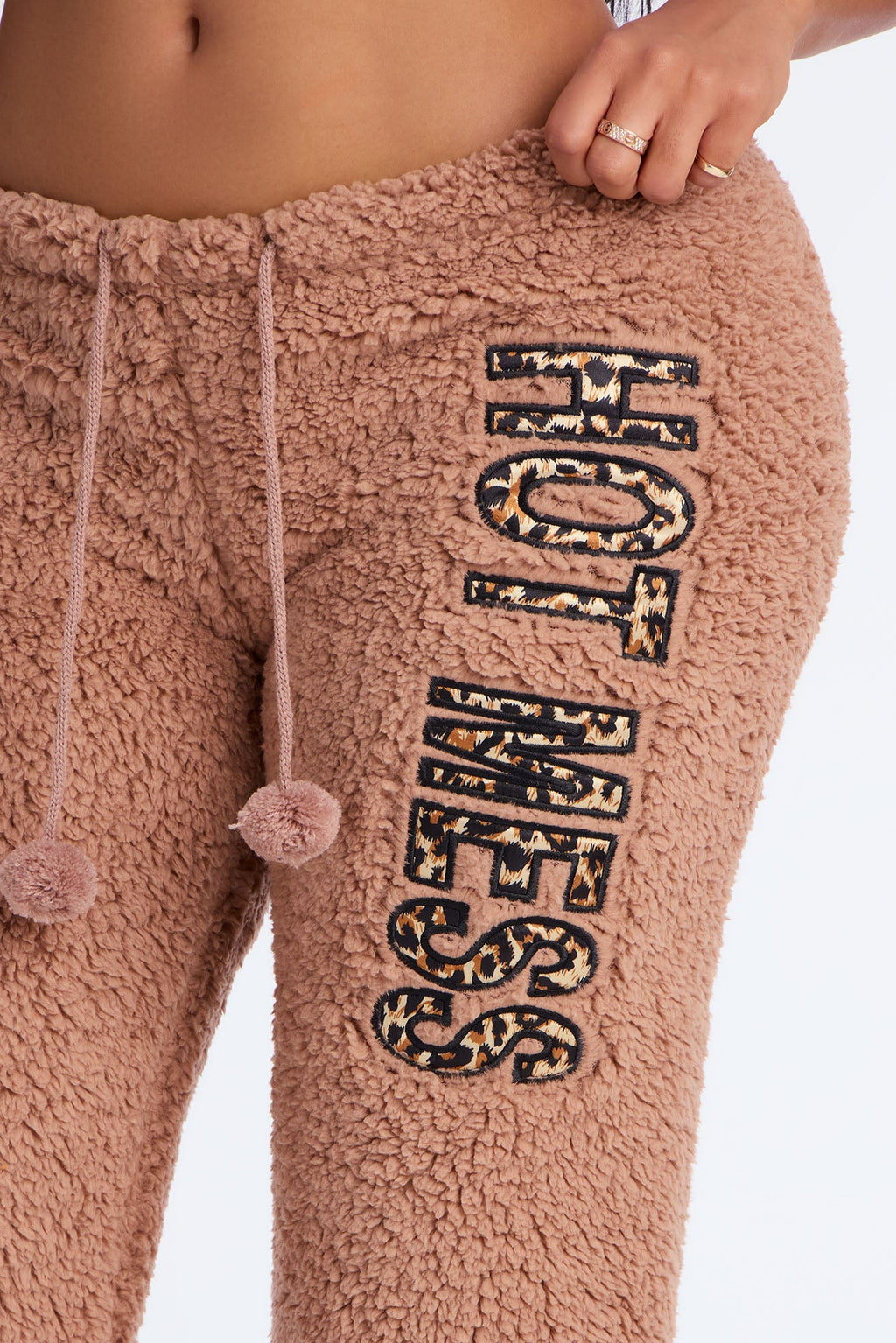 Hot Mess Embroidered Sherpa PJ Pants - Tan