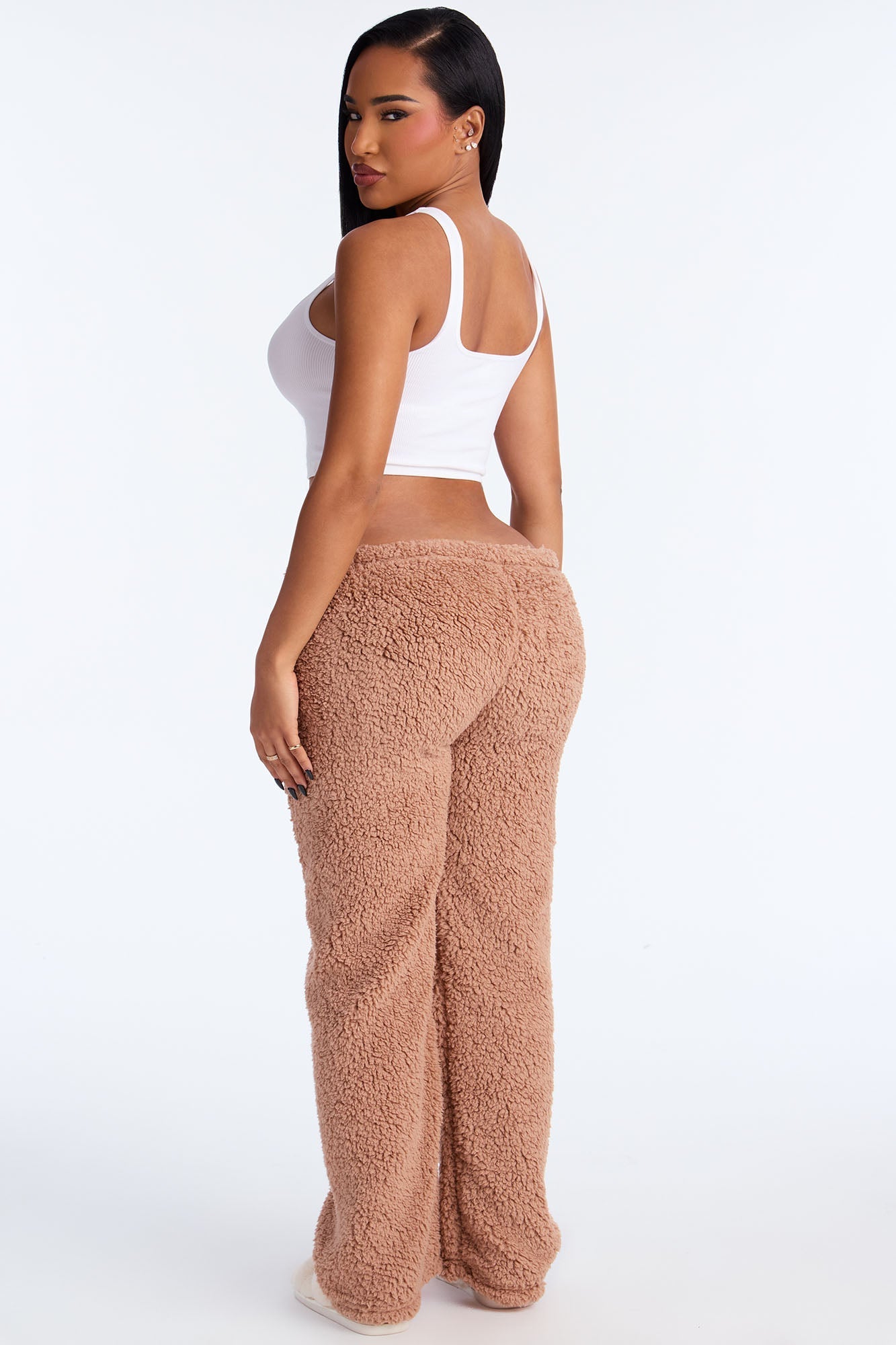 Hot Mess Embroidered Sherpa PJ Pants - Tan