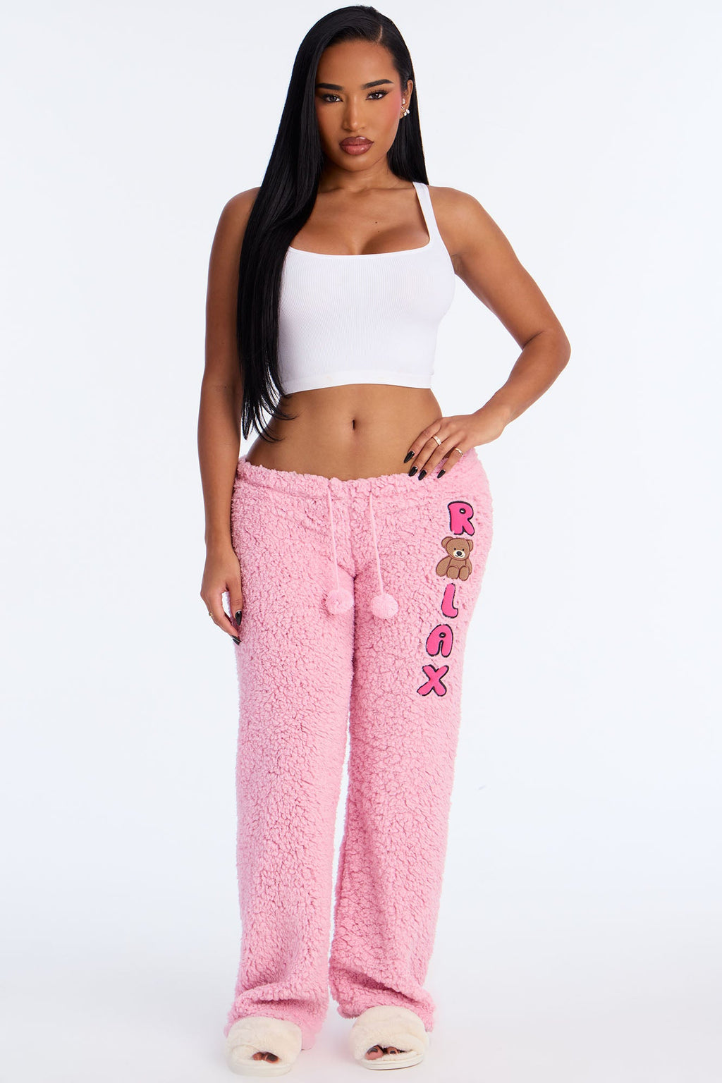 Just Relax Embroidered Sherpa PJ Pants - Light Pink