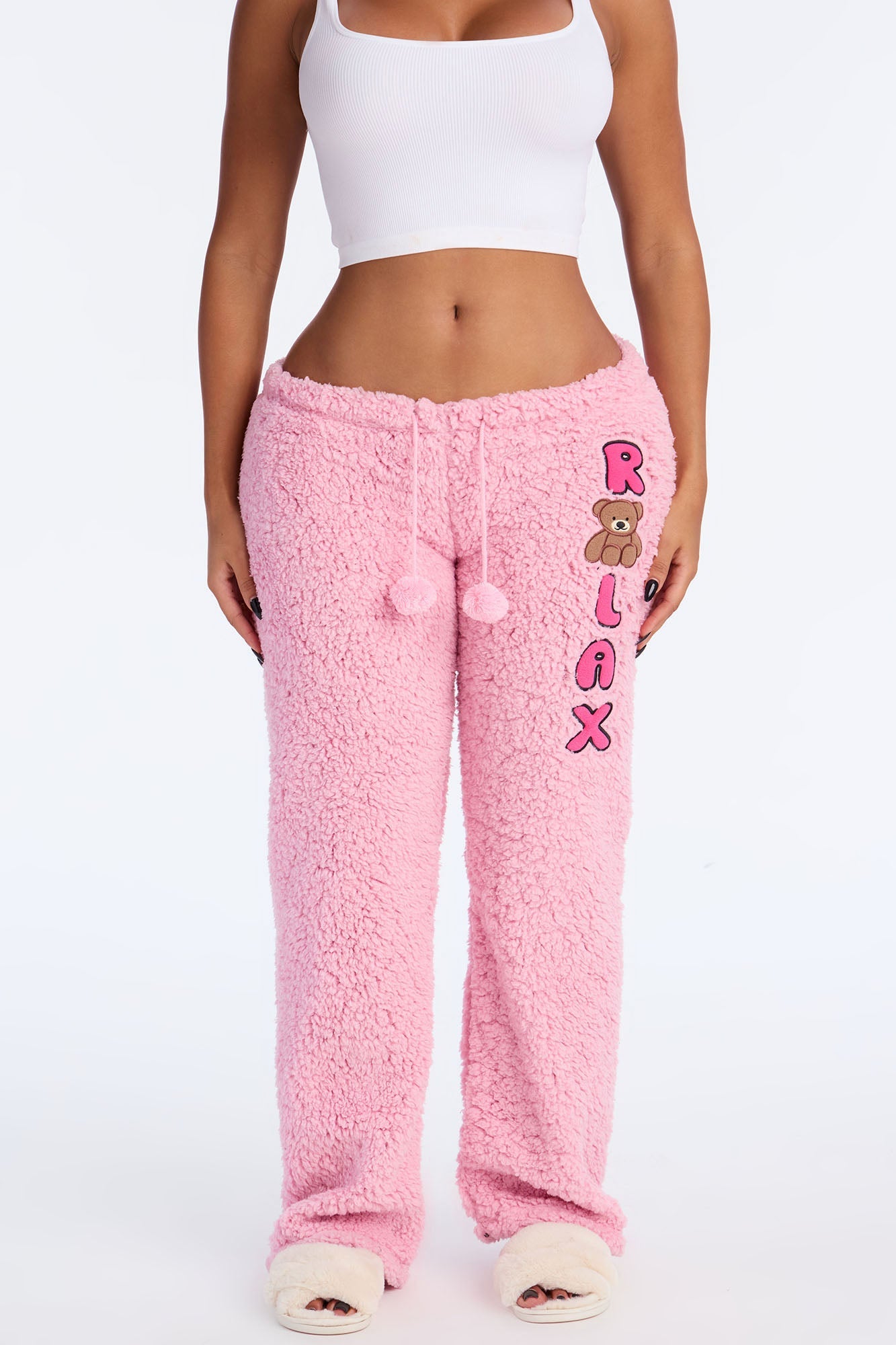 Just Relax Embroidered Sherpa PJ Pants - Light Pink