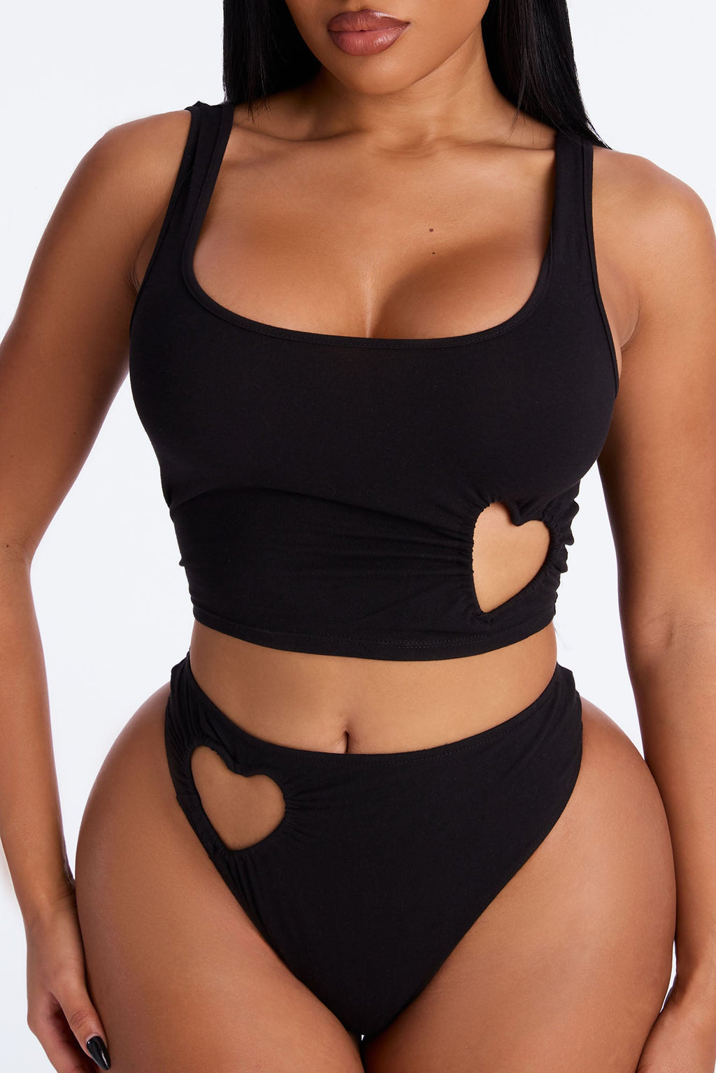 Just A Peek Heart Cotton Tank And Thong 2 Piece Set - Black
