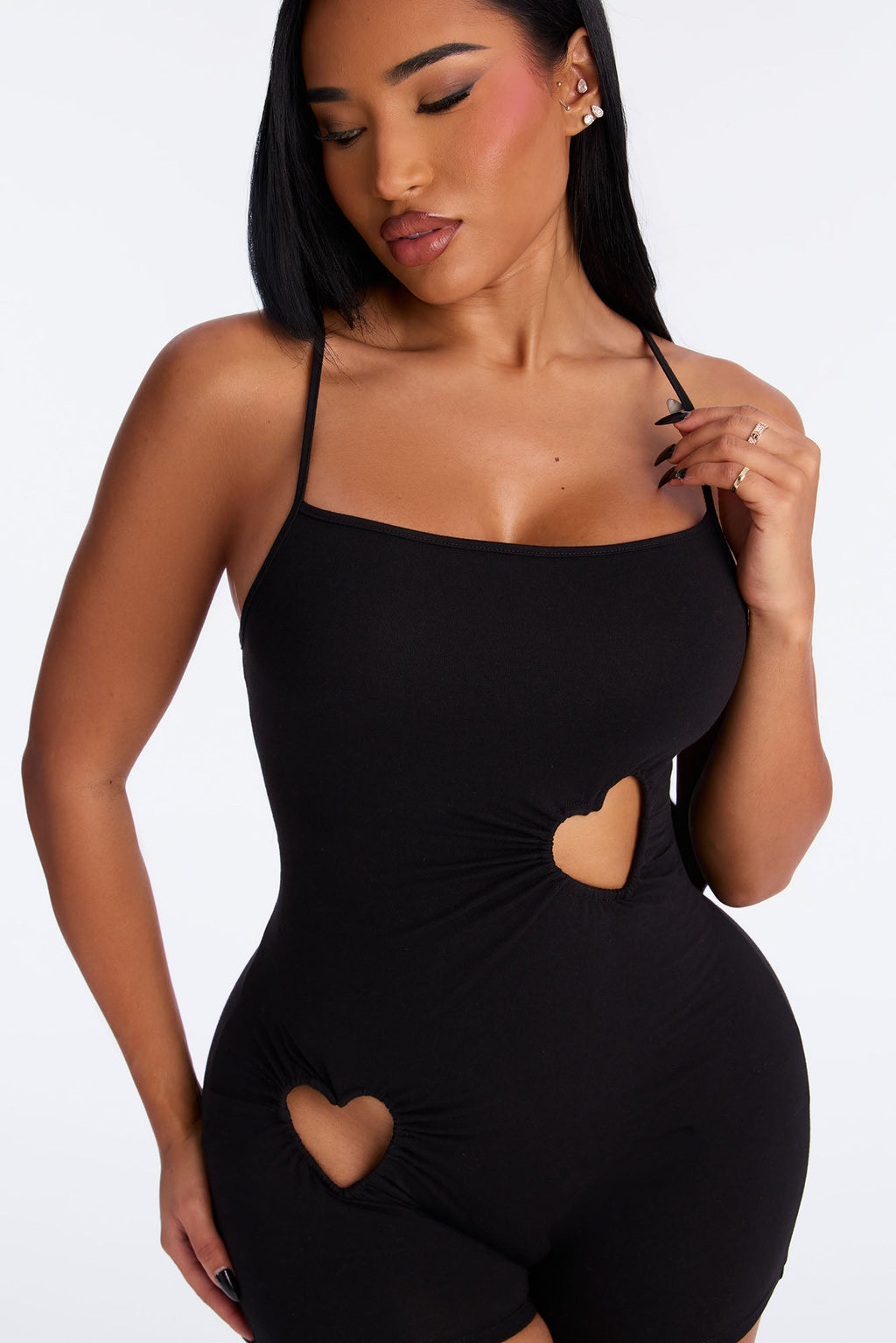Just A Peek Heart Cotton Cami PJ Romper Onesie - Black