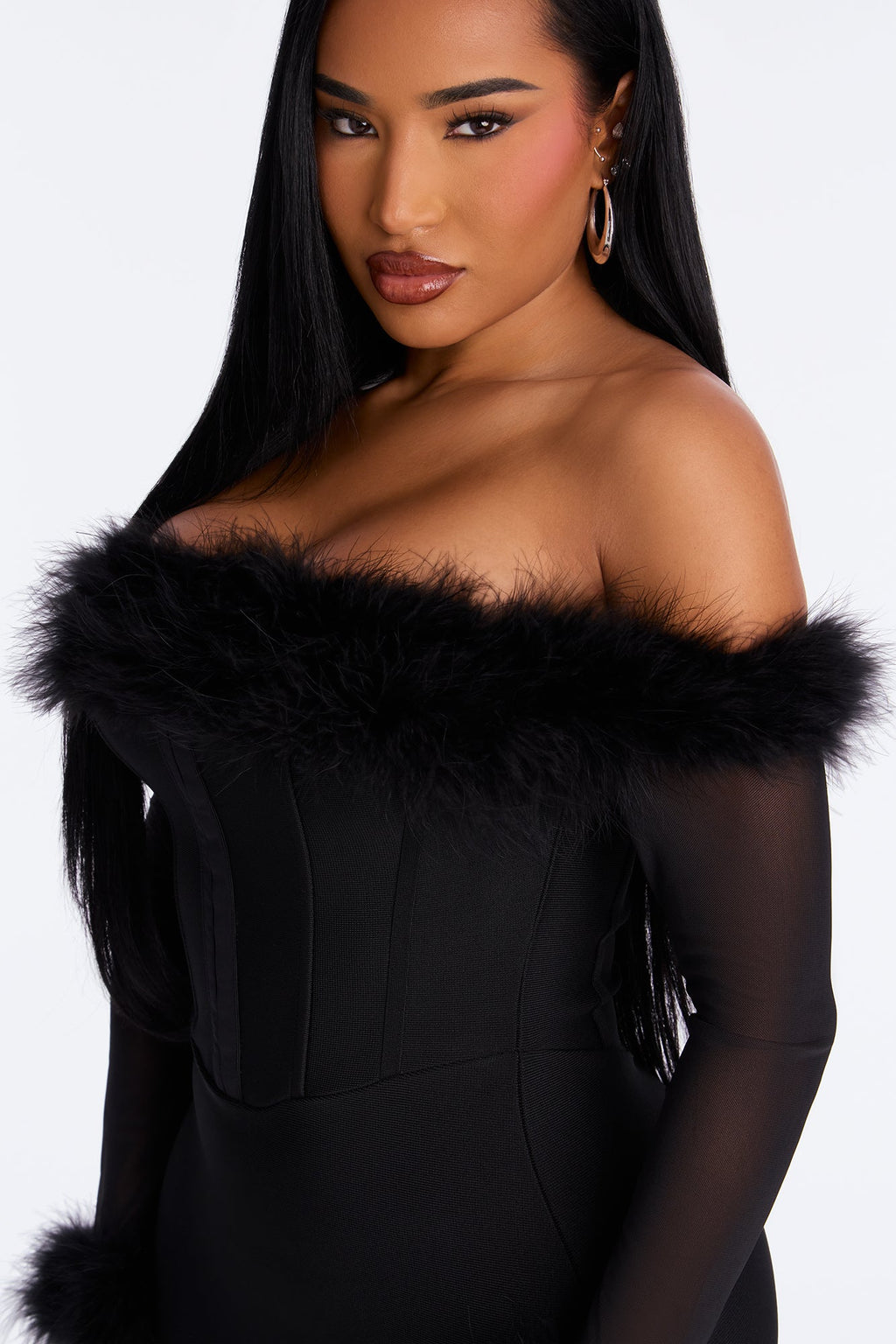 Fur Real Corset Waist Bandage Midi Dress - Black