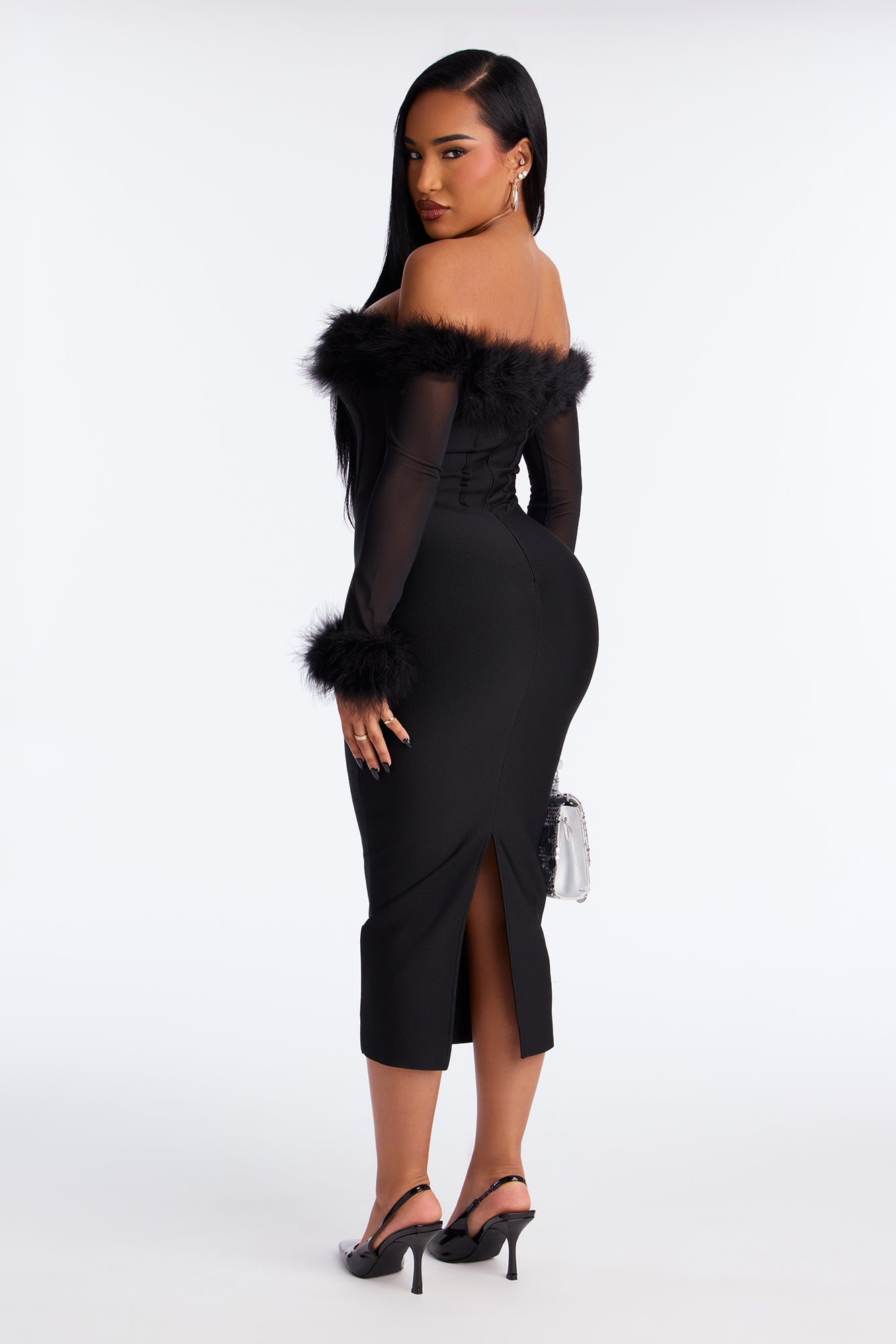 Fur Real Corset Waist Bandage Midi Dress - Black