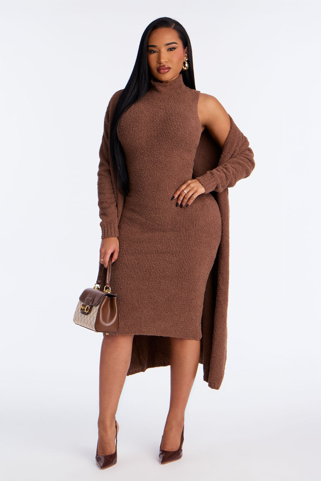 Teddy Soft Sweater Midi Dress Set - Brown