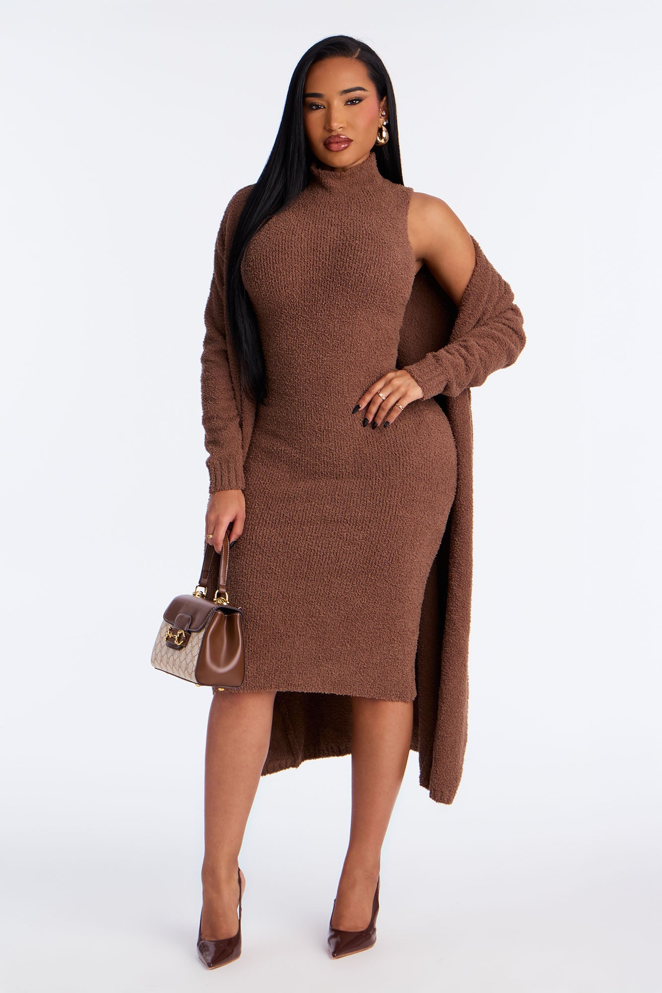 Teddy Soft Sweater Midi Dress Set - Brown