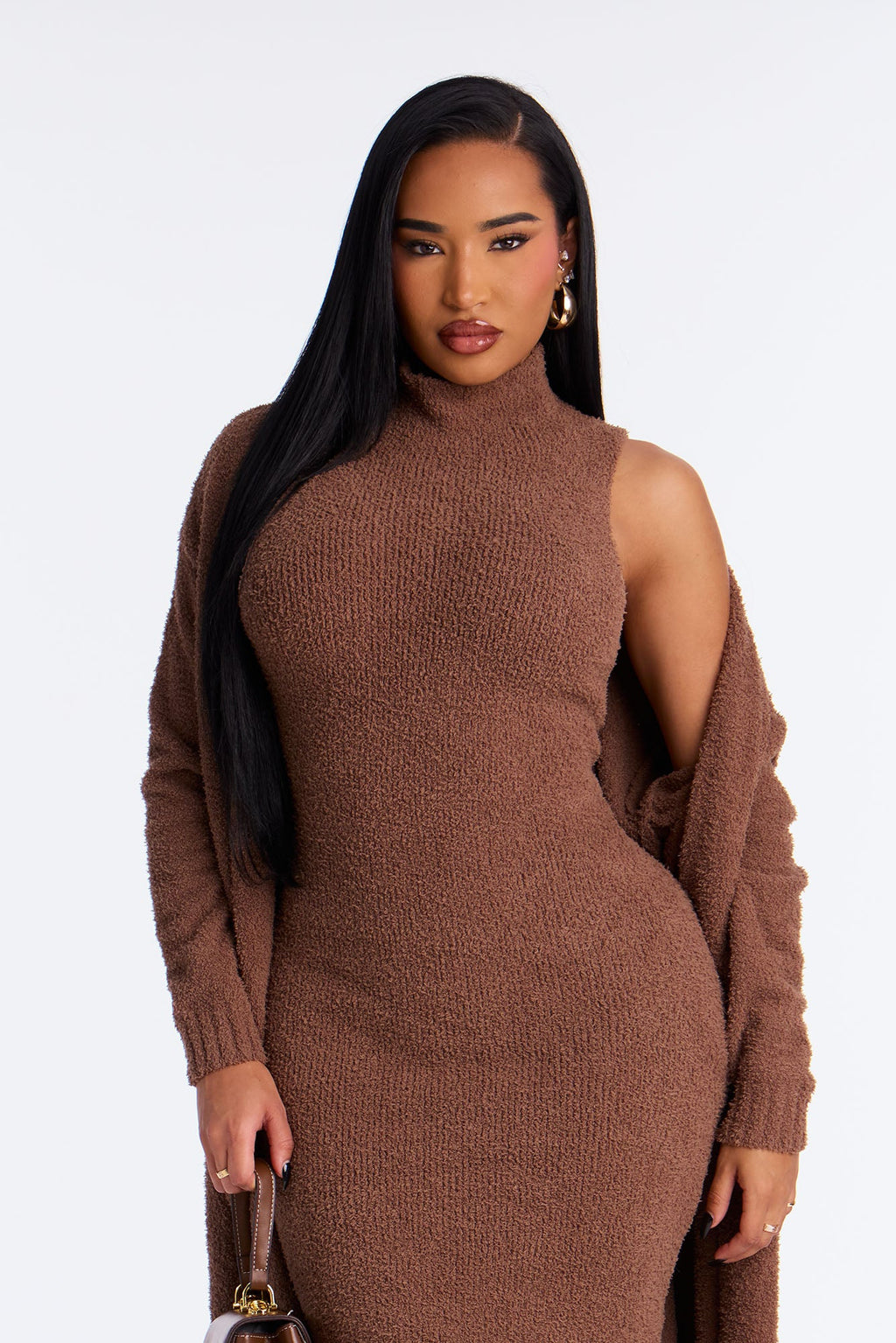 Teddy Soft Sweater Midi Dress Set - Brown