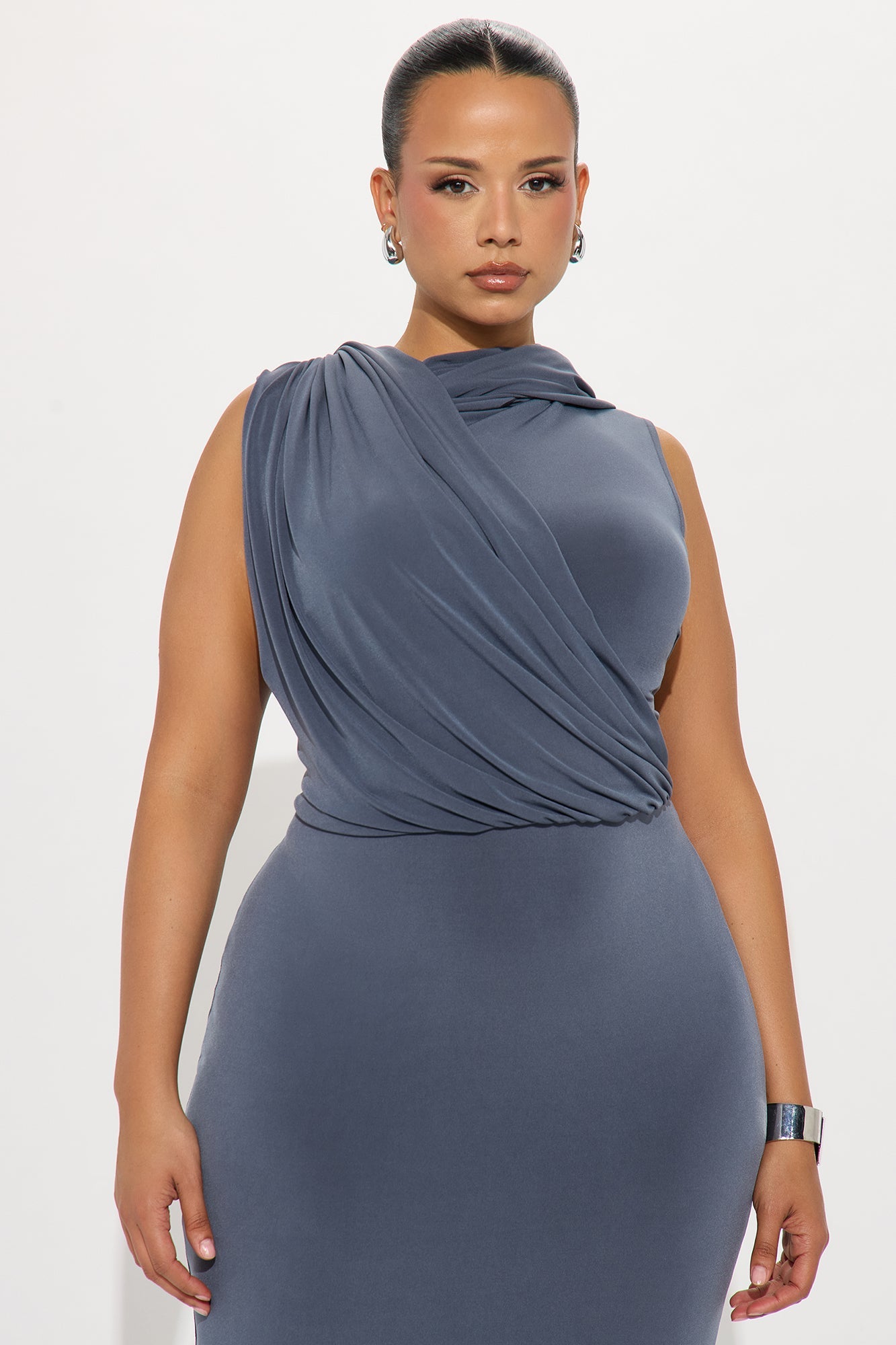 Dare Me Draped Hooded Maxi Dress - Charcoal