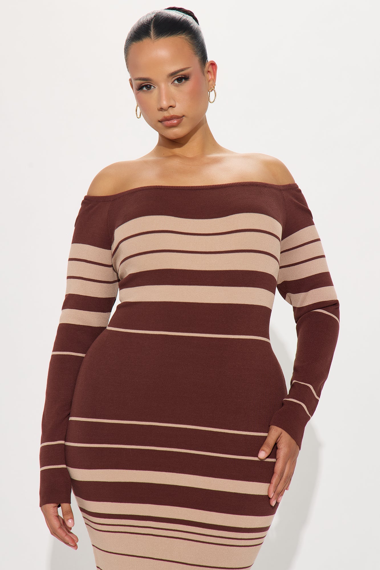 Line Me Up Striped Sweater Midi Dress - Chocolate