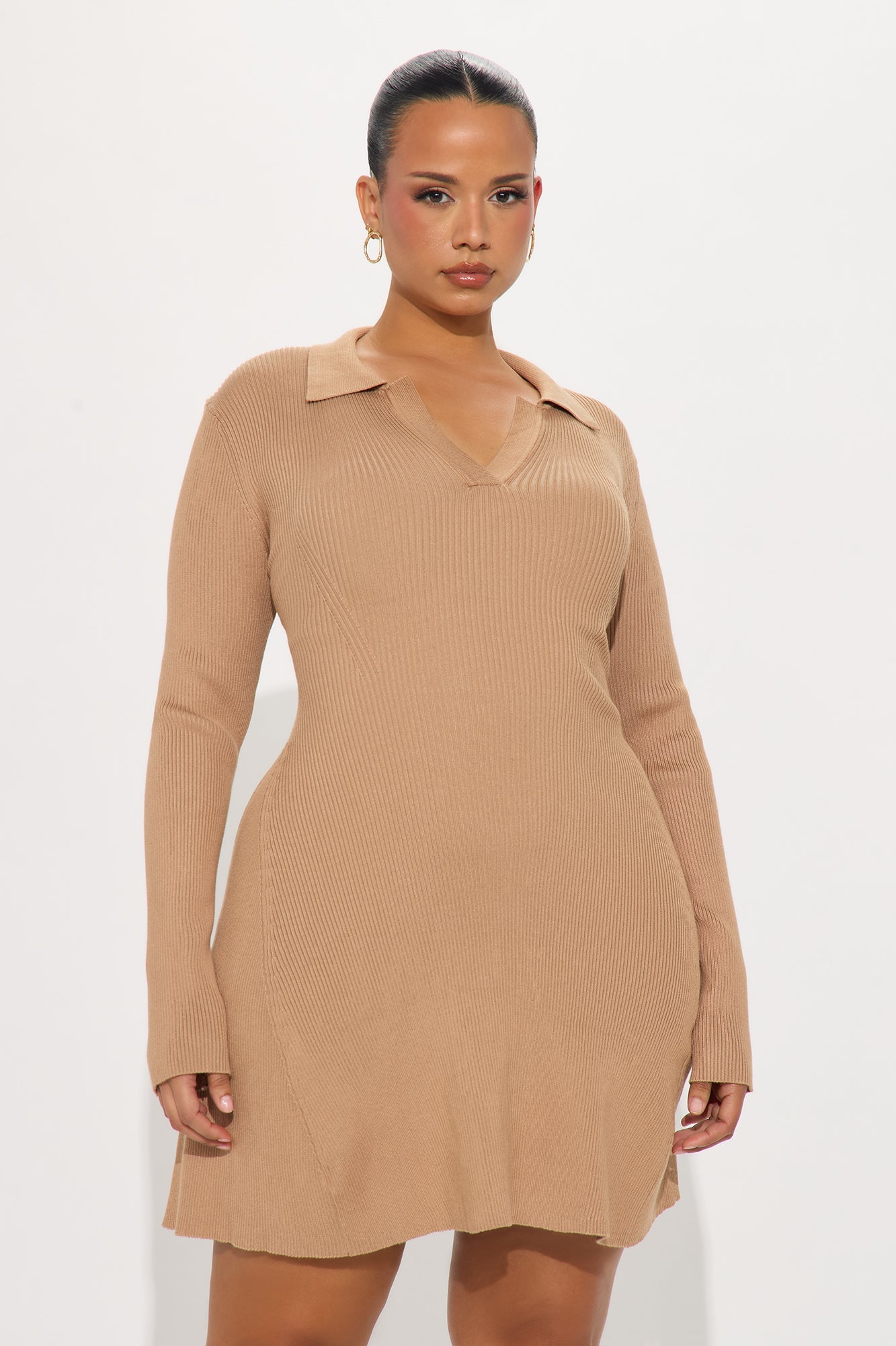 Soft Season Long Sleeve Sweater Mini Dress - Taupe