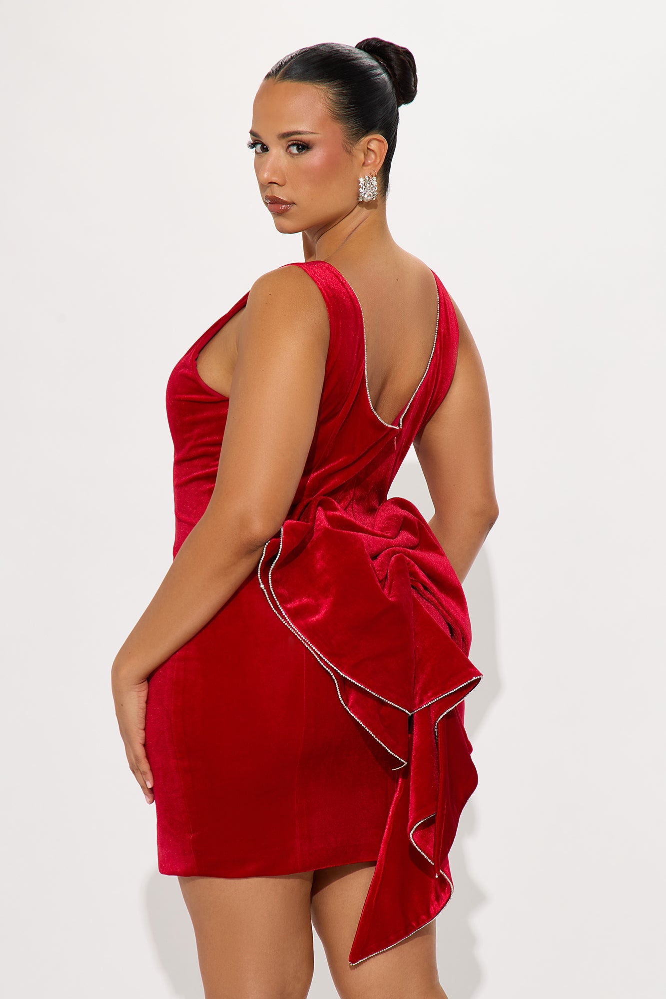 Raelynn Rhinestone Trim Velvet Mini Dress - Red