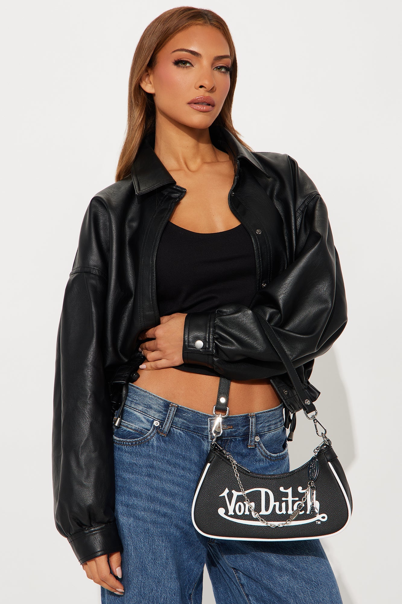 Classic Faux Leather Von Dutch Shoulder Bag - Black 