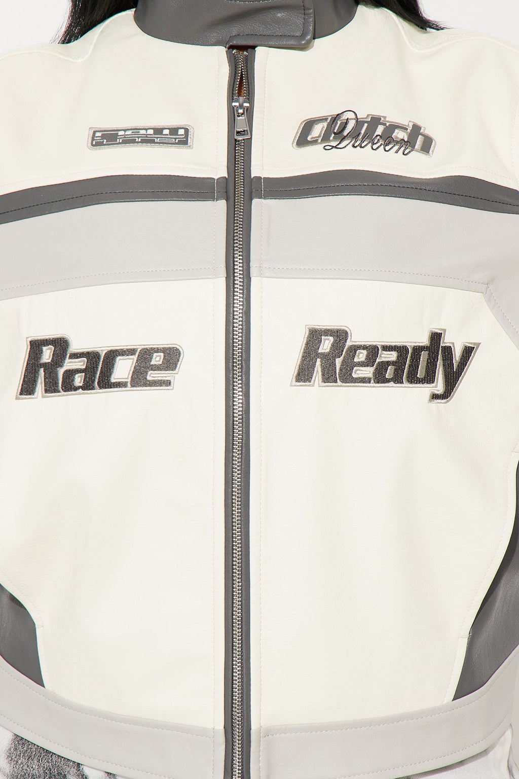 Race Ready Oversized Faux Leather Jacket - Cream/combo