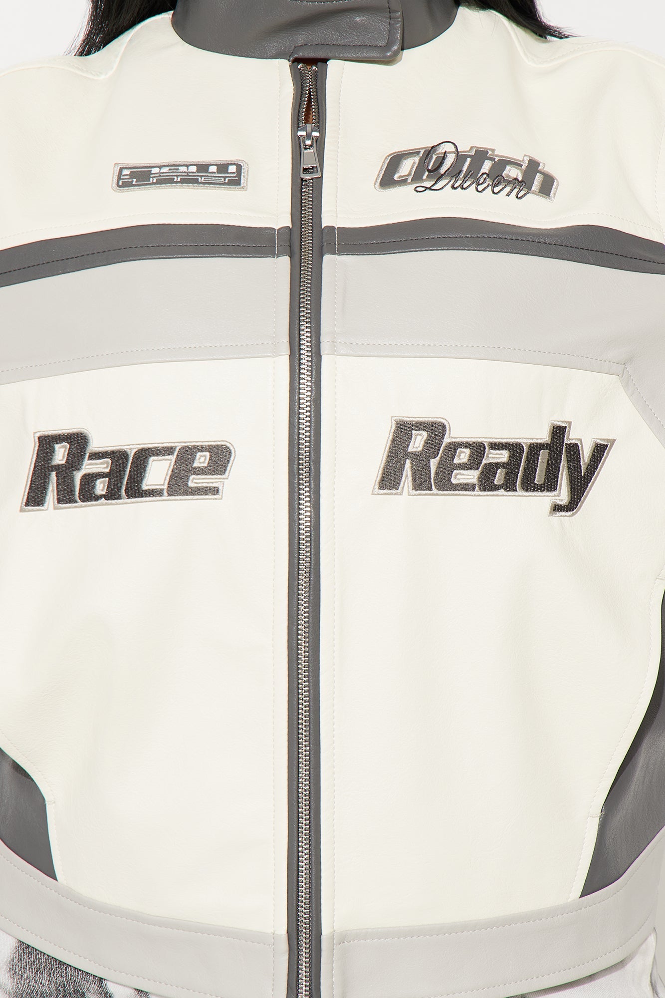 Race Ready Oversized Faux Leather Jacket - Cream/combo