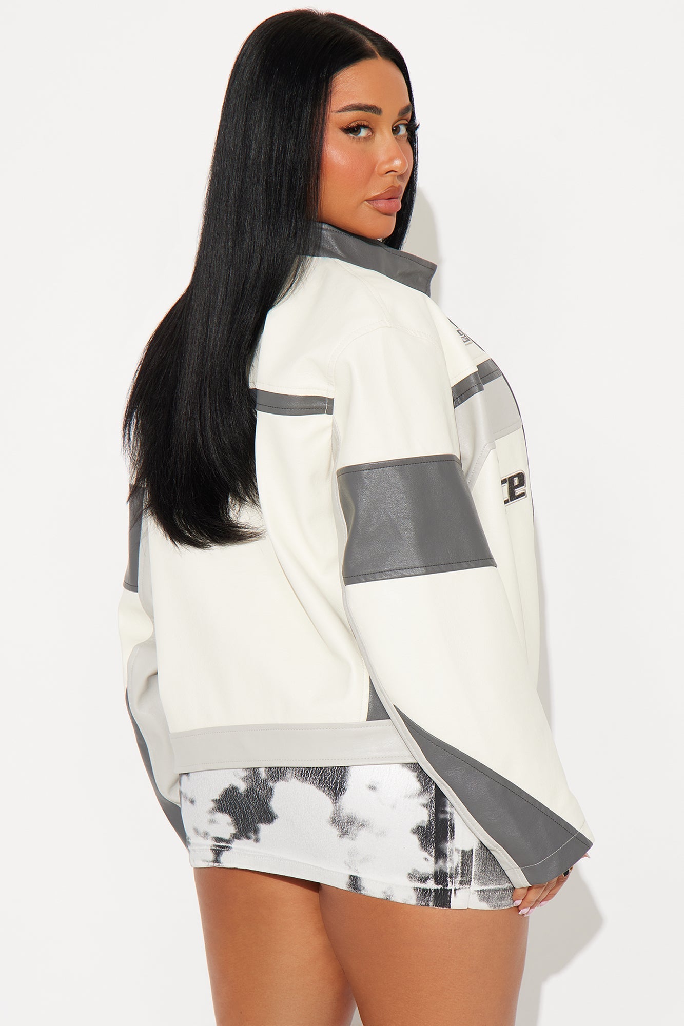 Race Ready Oversized Faux Leather Jacket - Cream/combo