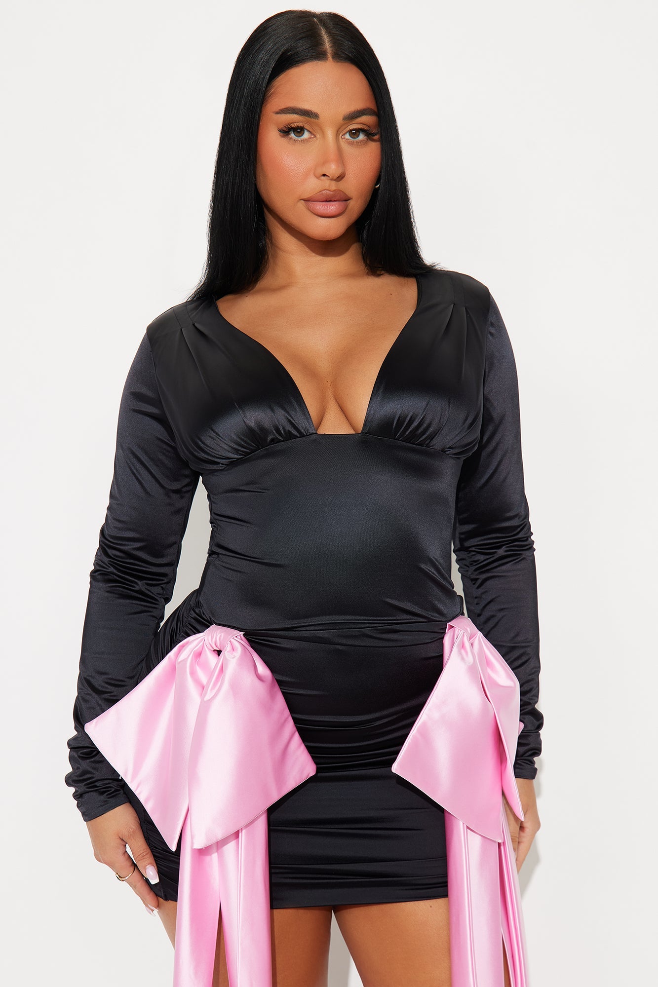 Bow Draped Stretch Satin Mini Dress - Black/Pink