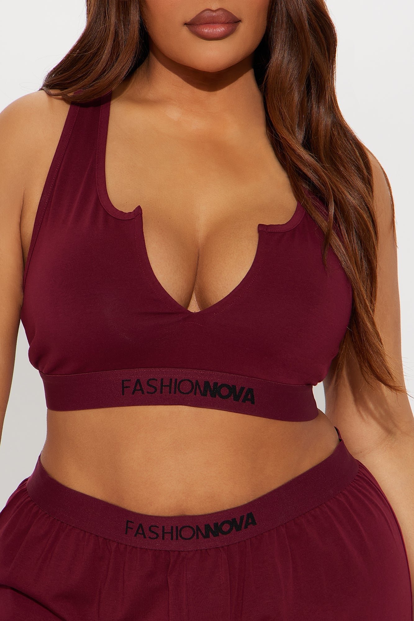 FN Mood Racerback Bralette And Loose Boxer 2 Piece Cotton Set - Wine