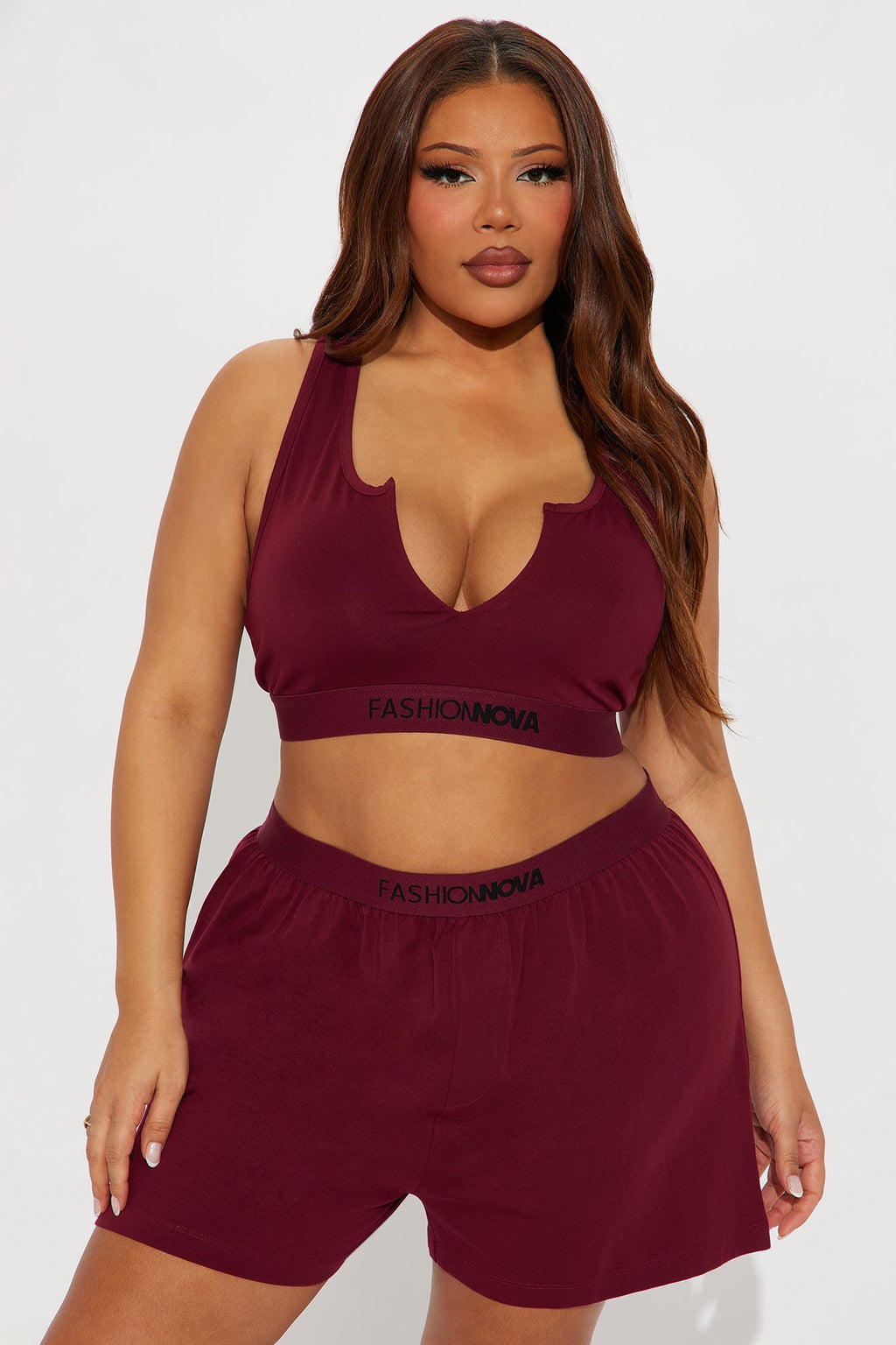 FN Mood Racerback Bralette And Loose Boxer 2 Piece Cotton Set - Wine