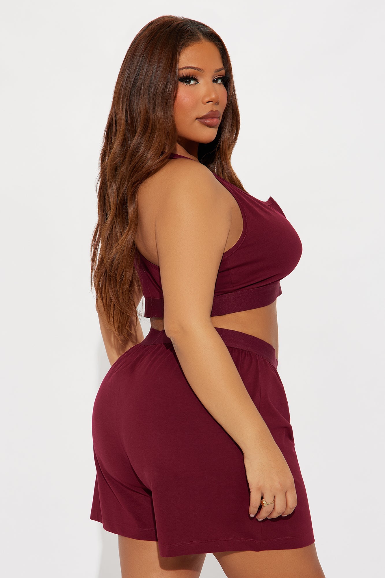 FN Mood Racerback Bralette And Loose Boxer 2 Piece Cotton Set - Wine