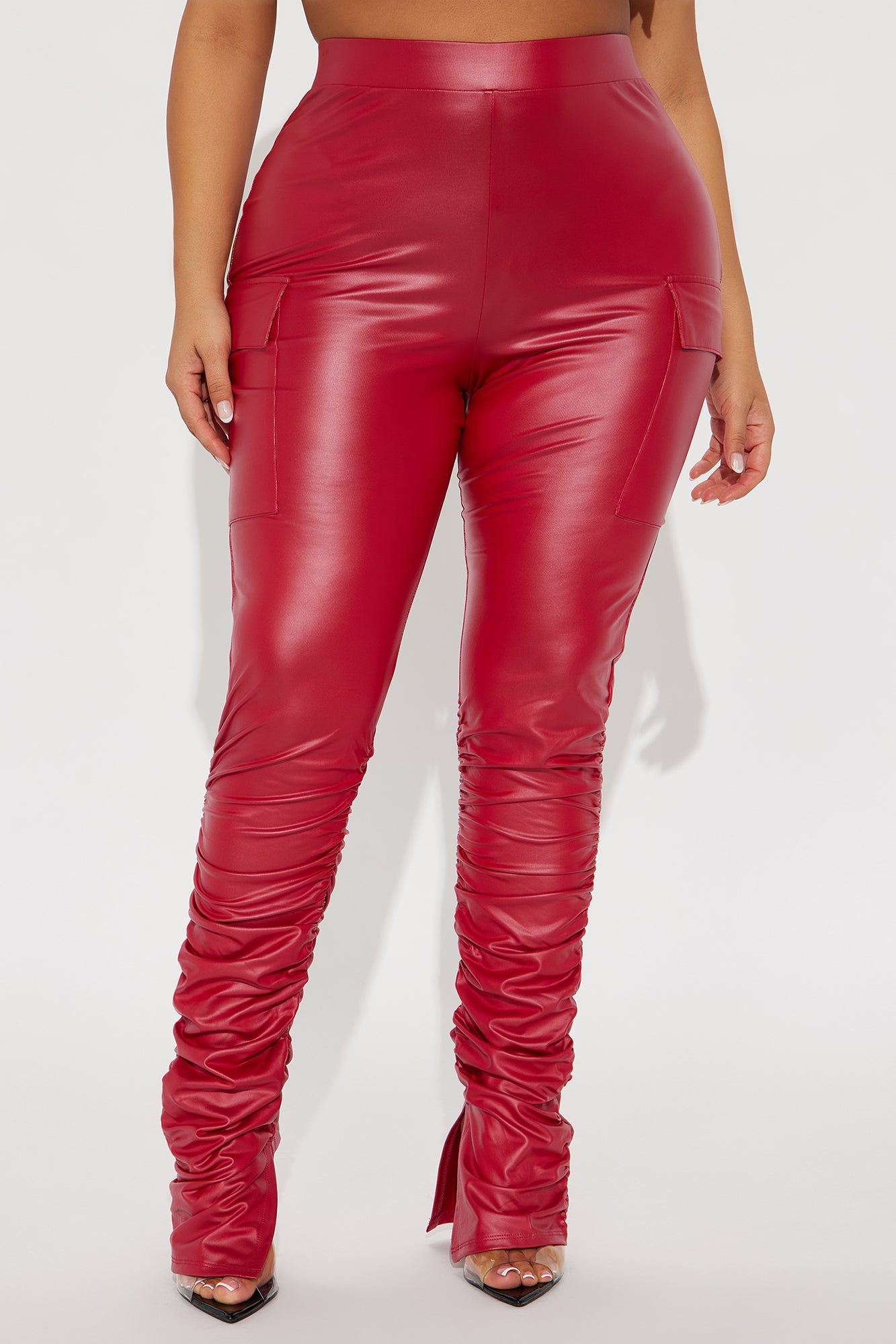 Stacked Up Faux Leather Cargo Legging - Red 