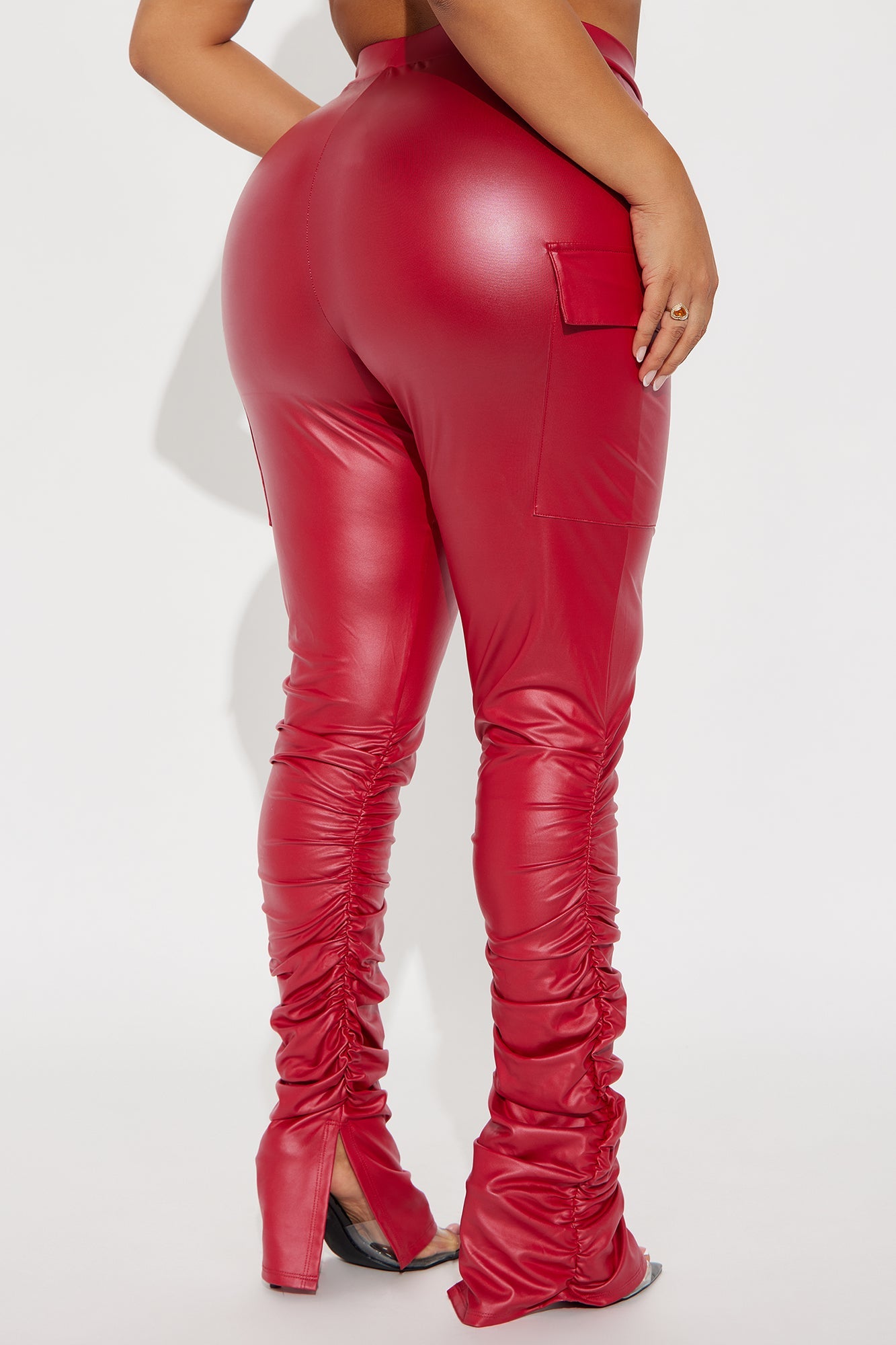 Stacked Up Faux Leather Cargo Legging - Red 