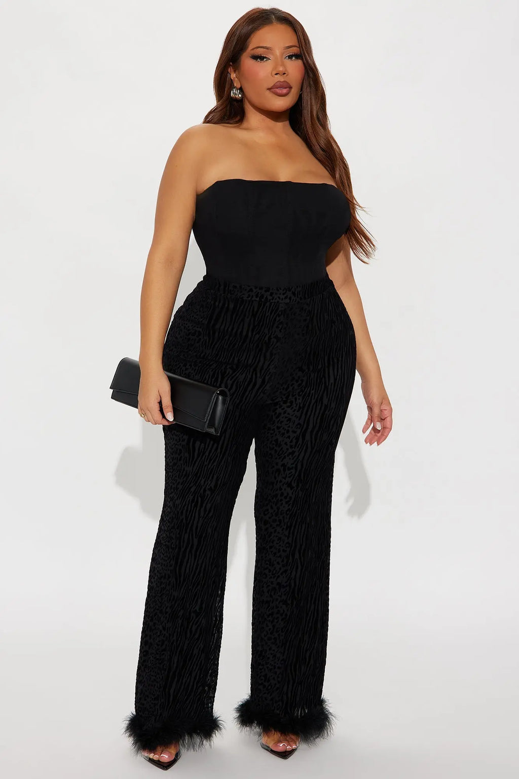 Wild Whisper Velvet Burnout Feather Trim Pant - Black 
